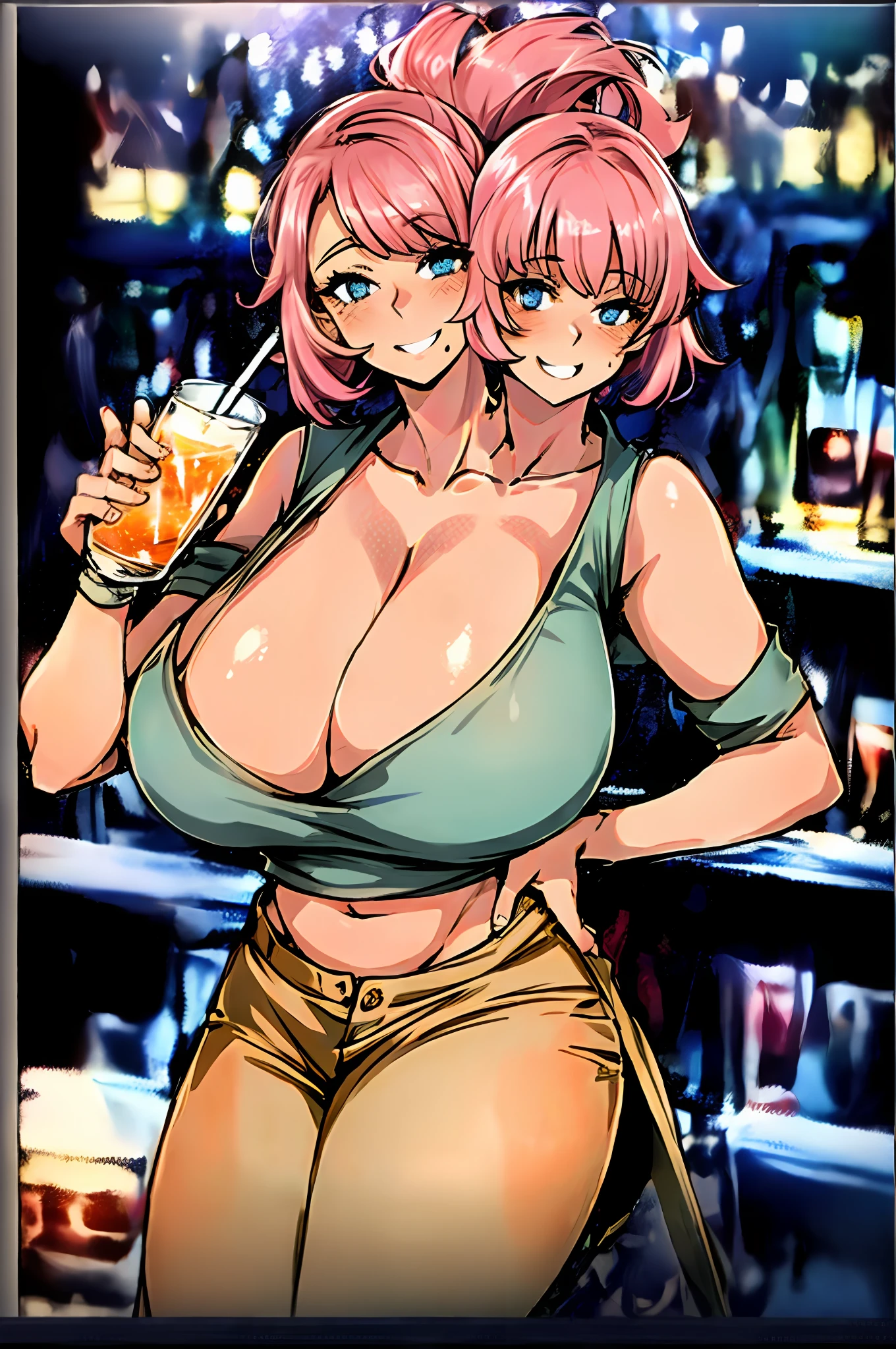 2heads, a chubby woman with two heads. She has enormous breasts. She is dancing in a bar. She is sipping a drink. She is laughing. She looks drunk. She is flirty. She is wearing a low-cut sweater and jeans. She is tugging her shirt to show her breasts. She has enormous boobs. She is chubby. Massive breasts. She has pink hair.