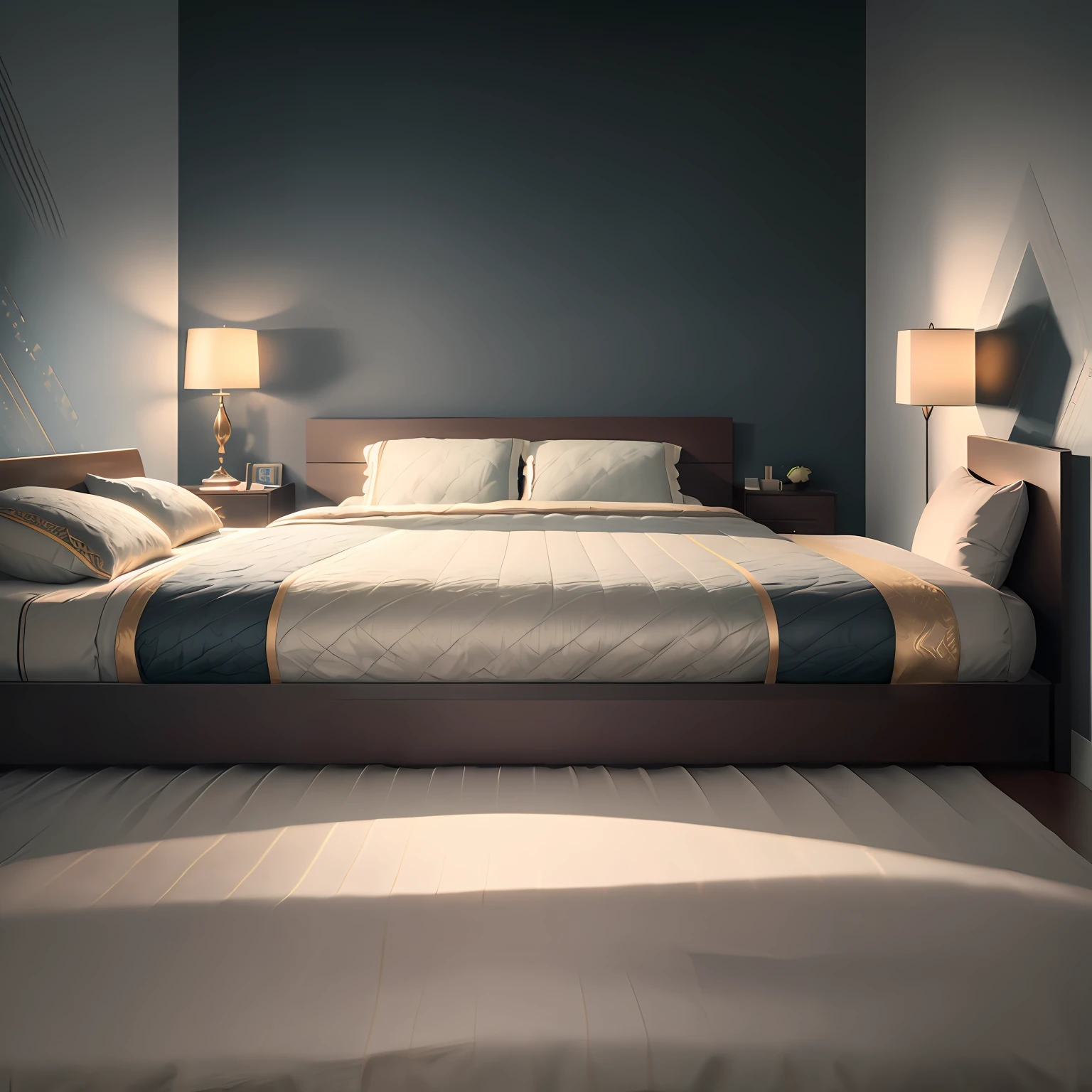 quarto de casal em estilo industrial, tijolinhos,  melhor qualidade, alta qualidade, papel de parede 8k extremamente detalhado, a cama macia, spacious and inviting, with pillows and blankets in nice colors, parede do fundo em tom de cinza, criados em estilo industrial,  cabeceira da cama em metal de cor preta, indirect lighting in calm tones, industrial-style luminaires, teto preto, tijolinhos, Bokeh,  HDR, Fotorrealista, extremamente detalhado, alto detalhe, --auto