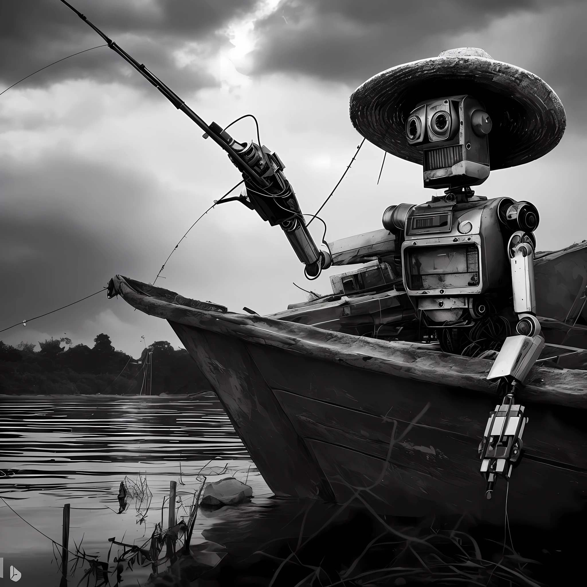 There's a robot with LED eyes that's sitting on an old boat with a fishing rod., the robot has a fishing rod, robot photography, pirate robot, Arte digital surrealista, robot pirate, scifi gadgets in a pond, arte digital surreal, inspirado em Rudy Siswanto, a still life of a robot, inspirado em Grzegorz Domaradzki