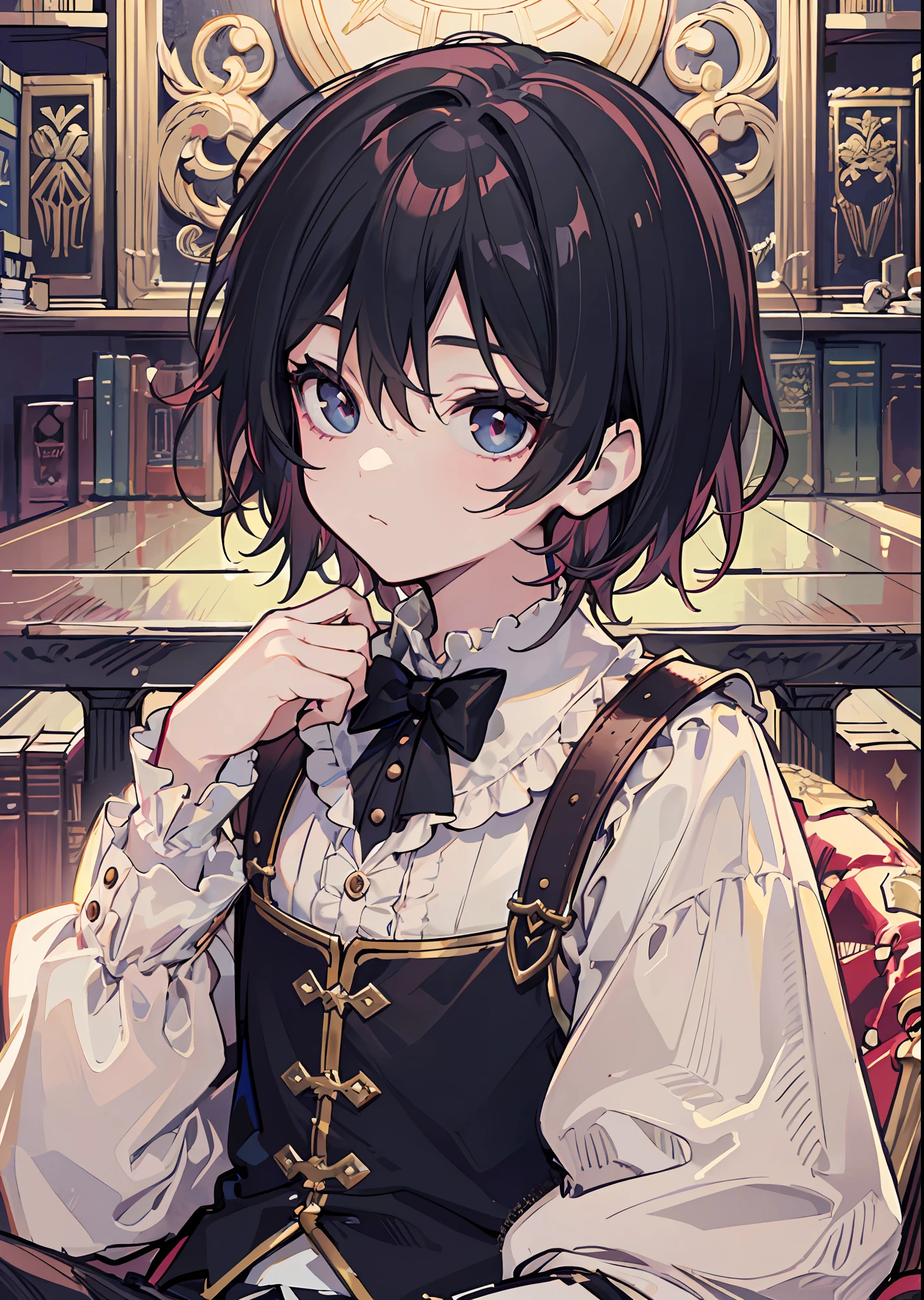 solo, alone, focus on character, calm face, (((shota))), boy, male, ((kid)), child, aristocratic clothes, victorian clothes, ((dark fantasy, grimm dark fantasy, victorian style, kodona, fantasy, medieval, fantasy style)), magenta, long sleeves, puffy long sleeves, long stockings, long shorts, spacious shorts, nikers shorts, library, black hair, tousled hair, shaggy hair, protruding hair, puffy hair, black eyes, 8k, HDR, 8k HD, hyper-detalied, detailed character, detailed eyes, detailed face, detailed eyes, (((dark))), (((low light)))