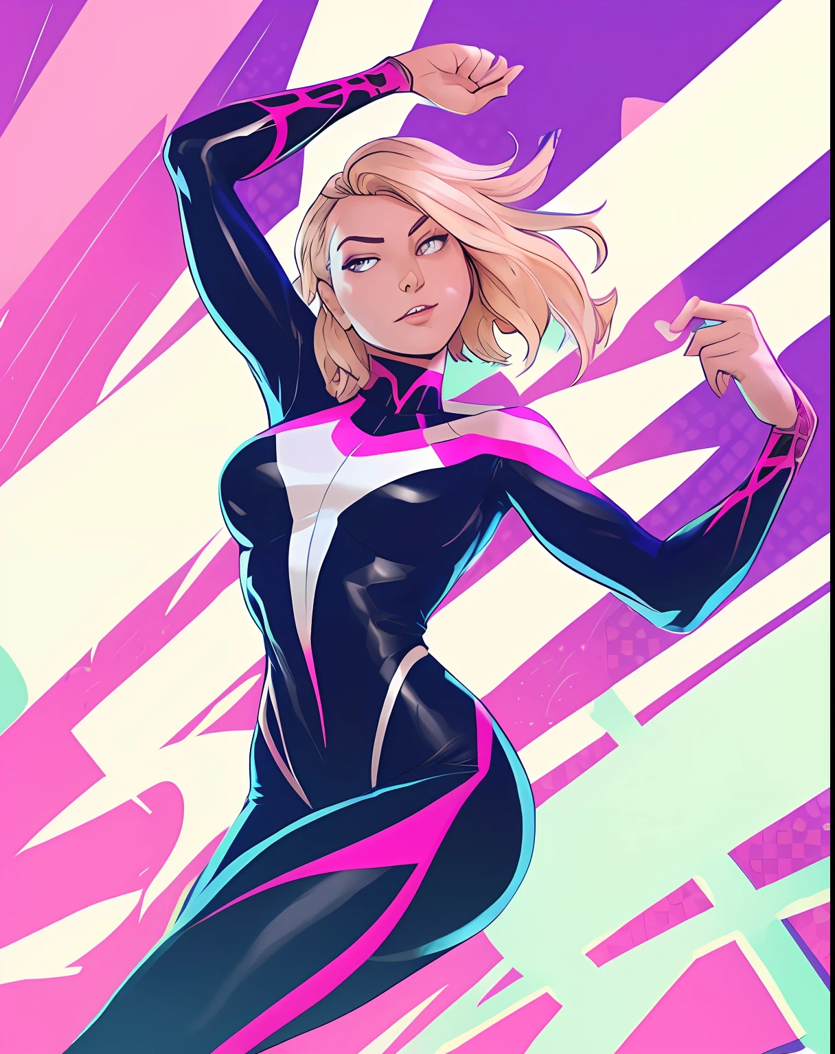 a woman in a black suit is flying through the air, spider gwen, spider - gwen, spider-gwen, Gwen Stacy, Betty Cooper, Androide 18, Spider - Estilo de arte en verso, commission for high resolution, oc commission, Fanart oficial, phone background, Jen Bartel, Fanart exquisito altamente detallado, Pose de poder, Mujer invisible, pose fuerte