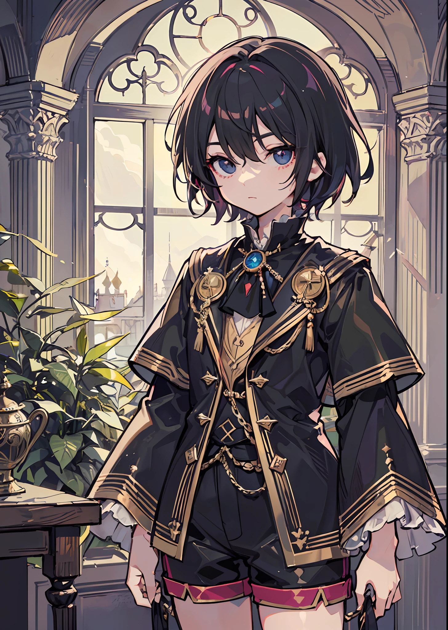 solo, alone, focus on character, calm face, (((shota))), boy, male, ((kid)), child, aristocratic clothes, victorian clothes, ((dark fantasy, grimm dark fantasy, victorian style, kodona, fantasy, medieval, fantasy style)), magenta, long sleeves, puffy long sleeves, long stockings, long shorts, spacious shorts, nikers shorts, library, black hair, tousled hair, shaggy hair, protruding hair, puffy hair, black eyes, 8k, HDR, 8k HD, hyper-detalied, detailed character, detailed eyes, detailed face, detailed eyes, (((dark))), (((low light)))