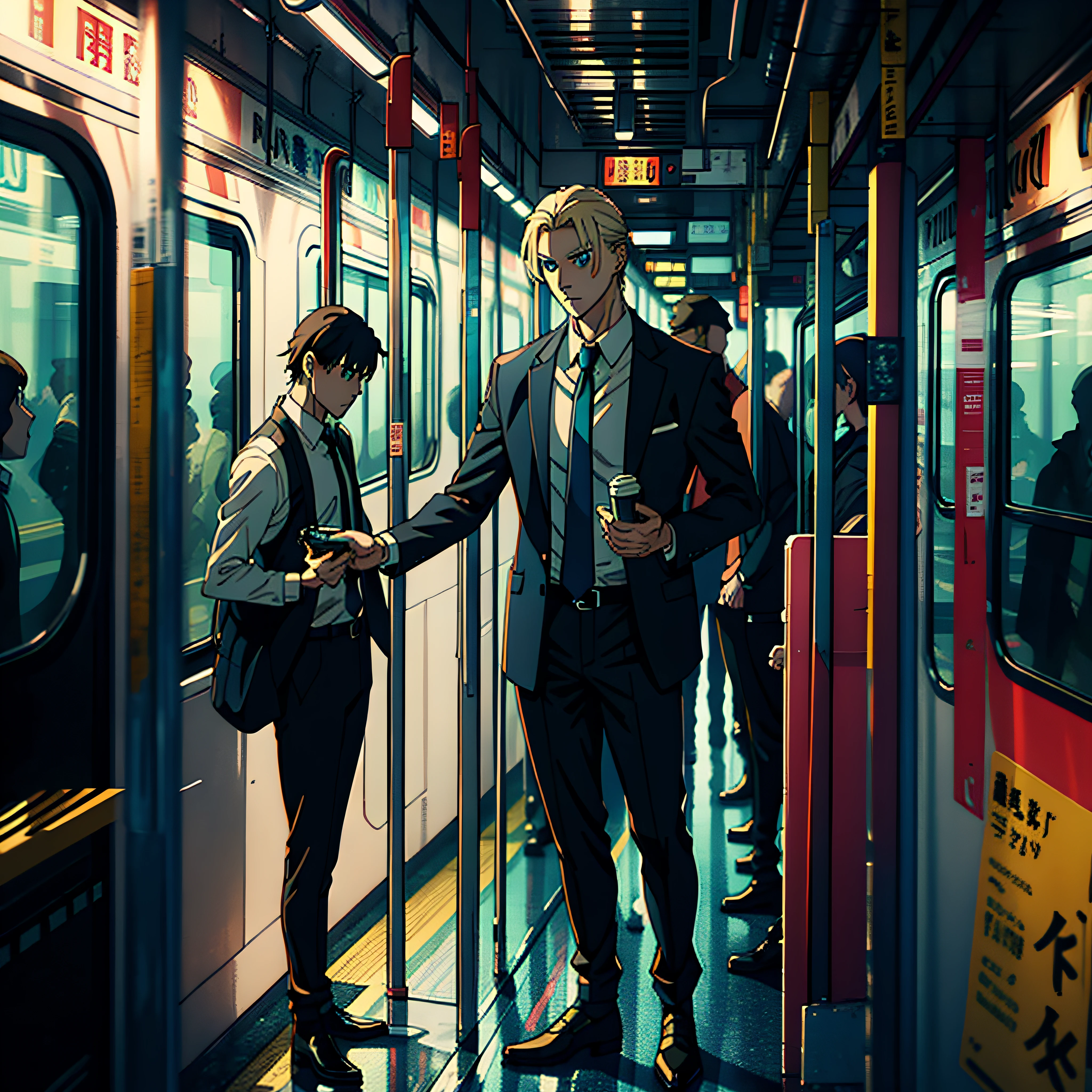 anime style man, Handsome man, blonde man, Tall, Muscular, shoulder-length hair tied with ponytail, Blue eyes, shirtless with dress pants and dress shoes, Full body, with a futuristic pistol in hand, there are two men standing in a subway car talking to each other, redline anime movie style, video game cutscene, Game CG, inspired by Gang Hui-an, movie screencap, cutscene footage, video game screenshot>, japanese cgi, cyberpunk elevated train, the shaman of the subway, anime cgi style, live-action movie scenes, anime cgi