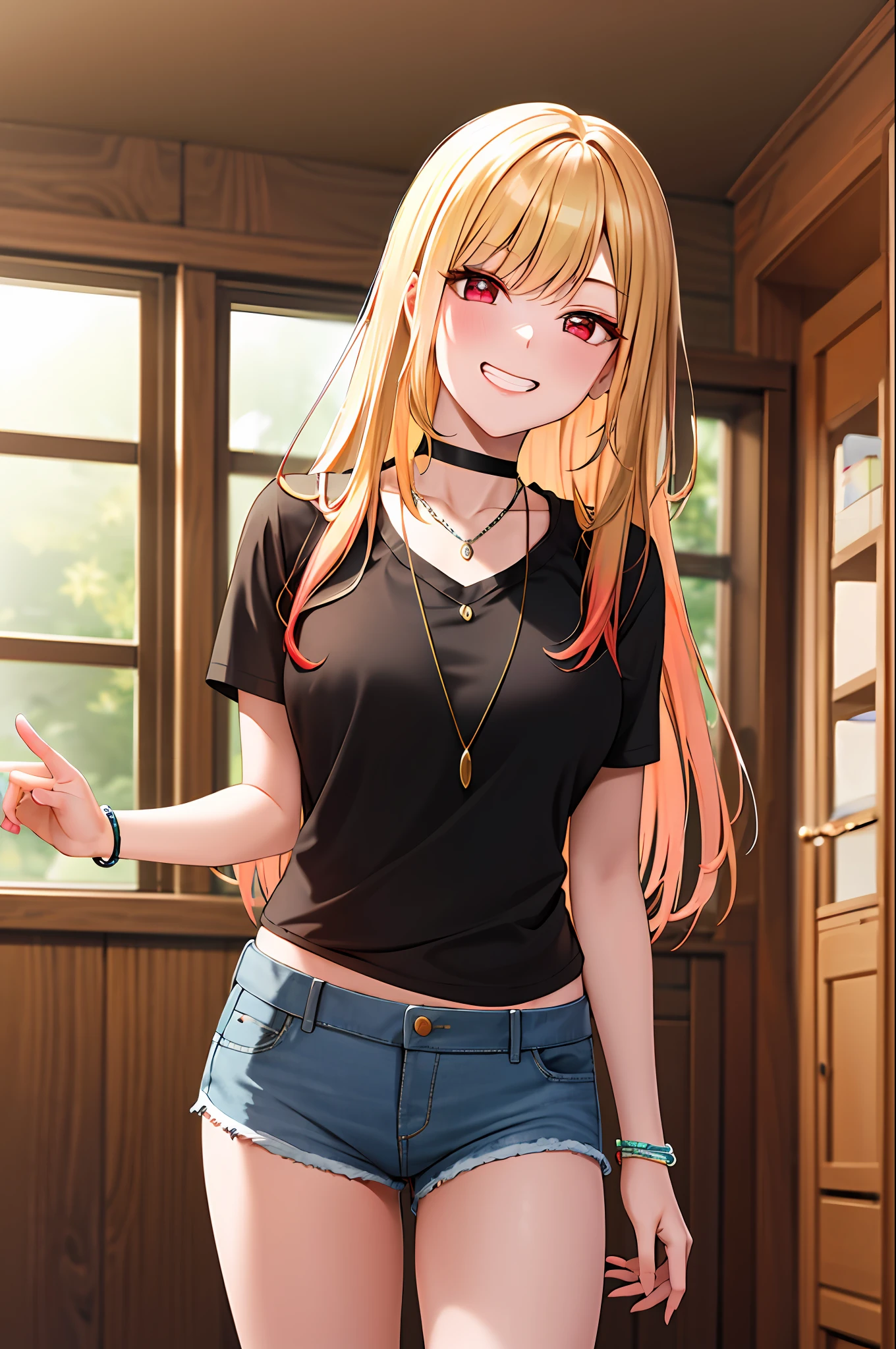 masterpiece, best quality, highres, kitagawa marin, 1girl, blonde hair, long hair, multicolored hair, red eyes, jewelry, necklace, choker, black tank top, bracelet, denim shorts , cowboy shot, indoors, room, standing, grin