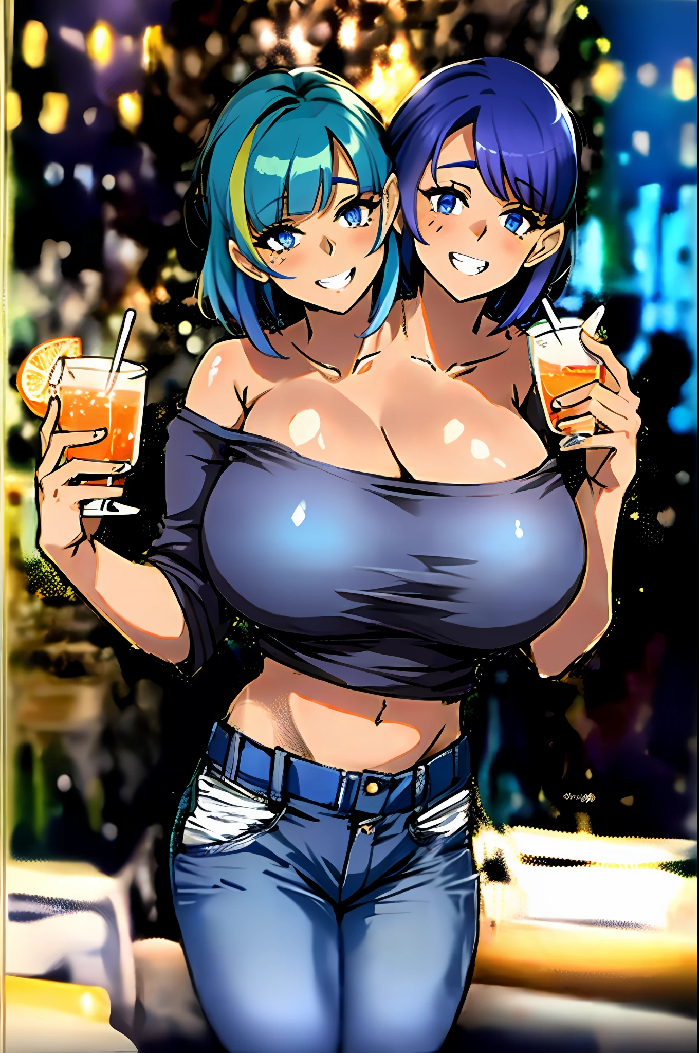 2heads, a chubby woman with two heads. She has enormous breasts. She is dancing in a bar. She is sipping a drink. She is laughing. She looks drunk. She is flirty. She is wearing a low-cut sweater and jeans. She is tugging her shirt to show her breasts. She has enormous boobs. She is chubby. Massive breasts. She has rainbow hair.