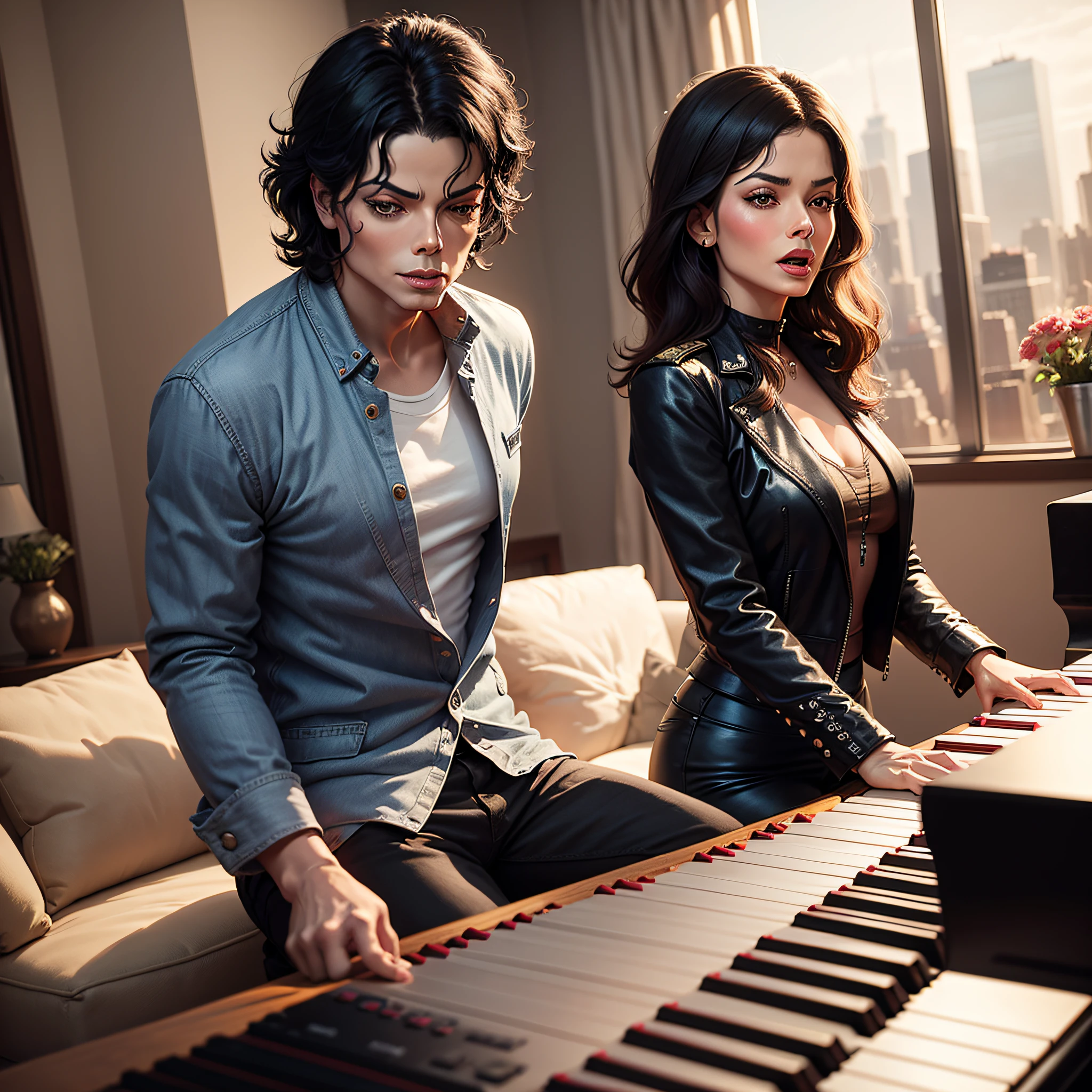 Michael Jackson along with singer Freddie Mercury playing piano in the living room the Michael Jackson and Tina Turn singing in the square in New York,estilo HQ,Vector style illustration,Photoshop Arte,Full HD,Pintura digital detalhe render, --auto