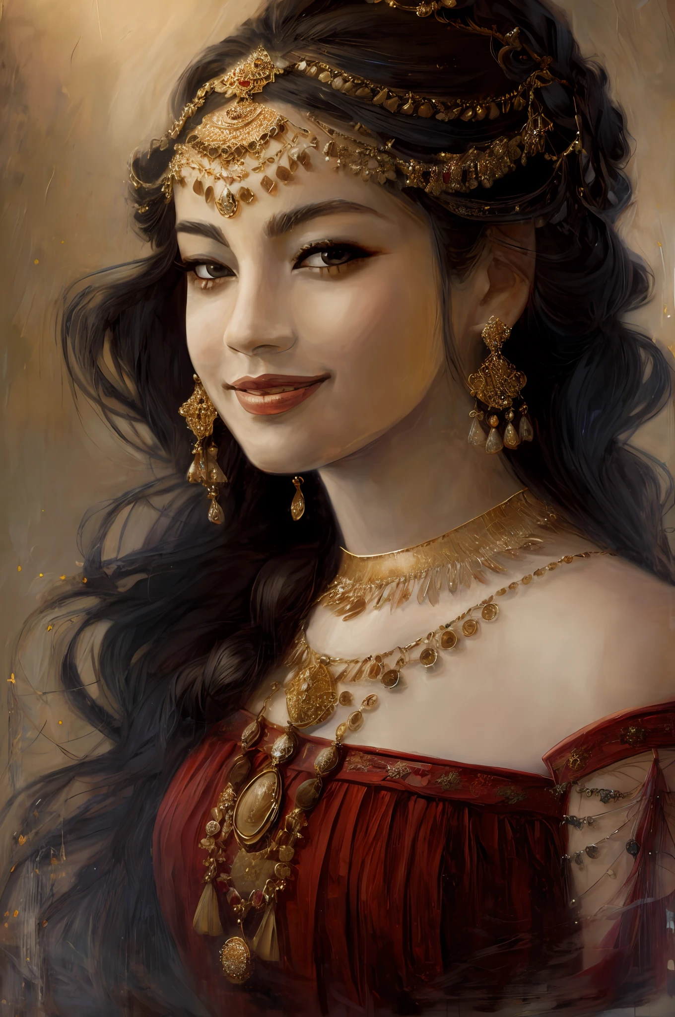 face portrait 1 Persian princess gypsy, smile, golden royal clothing ,off the shoulder, heavy  makeups , jewelries, 
 impressionism, abstract, (oil painting  ,  dry brushstrokes), negative space, 8k