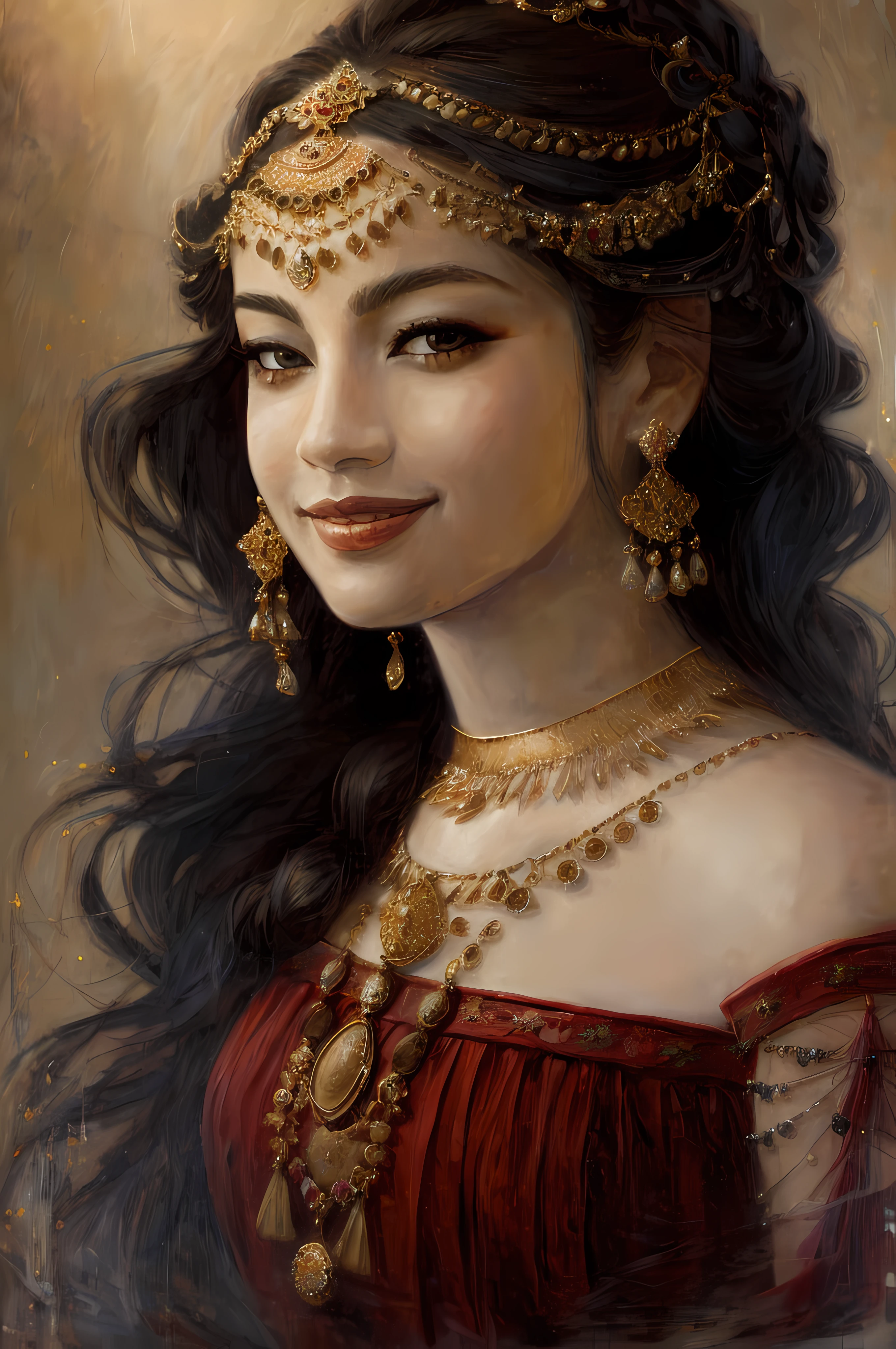 face portrait 1 Persian princess gypsy, smile, golden royal clothing ,off the shoulder, heavy  makeups , jewelries, 
 impressionism, abstract, (oil painting  ,  dry brushstrokes), negative space, 8k