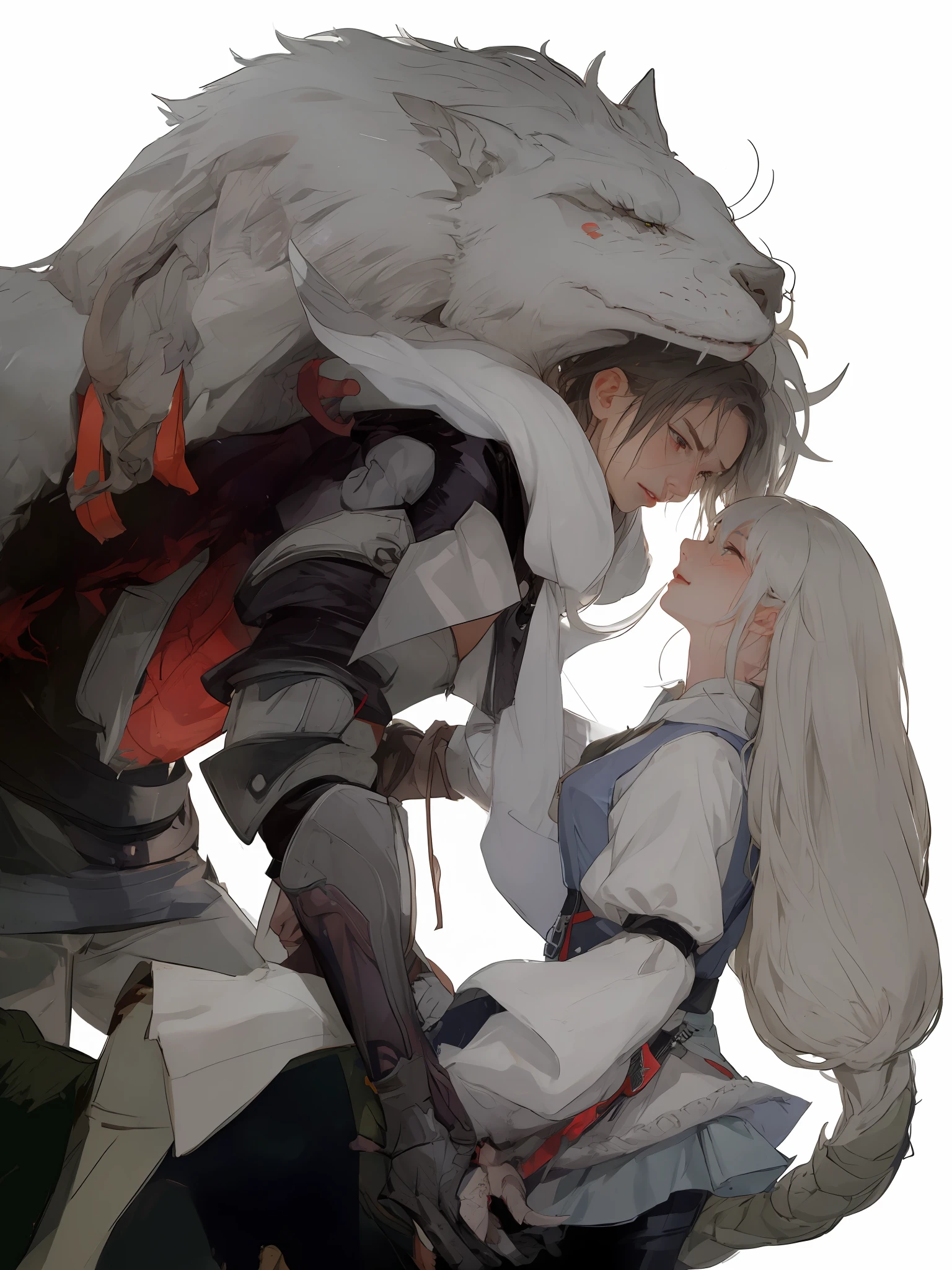 anime - style image of a man and woman kissing in front of a large white dragon, por Kamisaka Sekka, guweiz en pixiv artstation, Sakimichan y Frank Franzzeta, Wlop y Sakimichan, Guweiz en Artstation Pixiv, Arte Zerochan, Guweiz