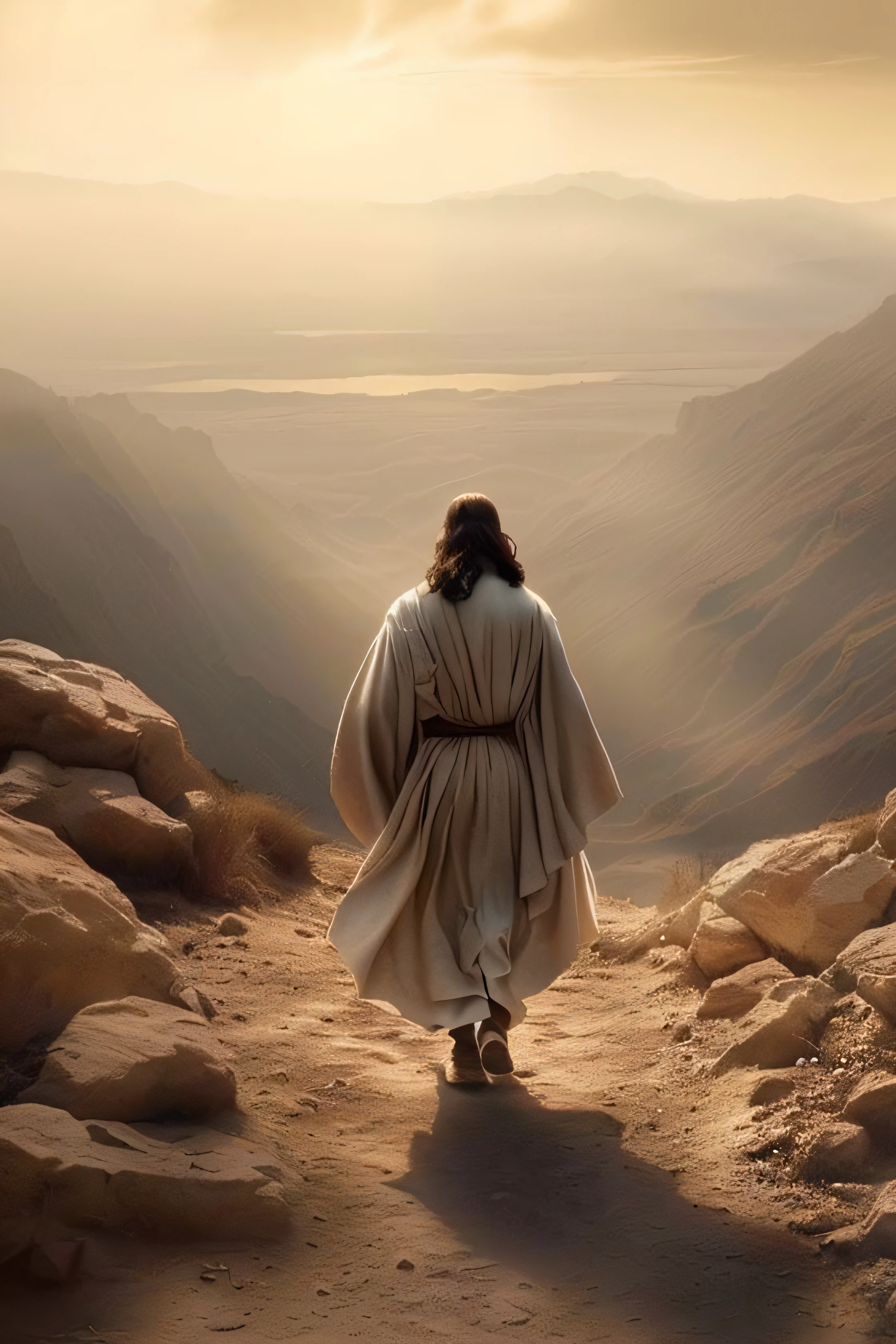 Epic Biblical depiction of Jesus Christ walking down a dirt road into a valley, masterpiece, best quality, He stands all alone, 8K, (dynamic pose: 1.4), good anatomy, good composition, good proportions, good design, good pose, Realistic Sky, Realistic Backgrounds, (Cinematic), (Highest Quality, Award Winning, Masterpiece: 1.3), (Art by Arthur Rackham: 0.5), (((Natural Colors)))), (Photorealistic: 1.4)