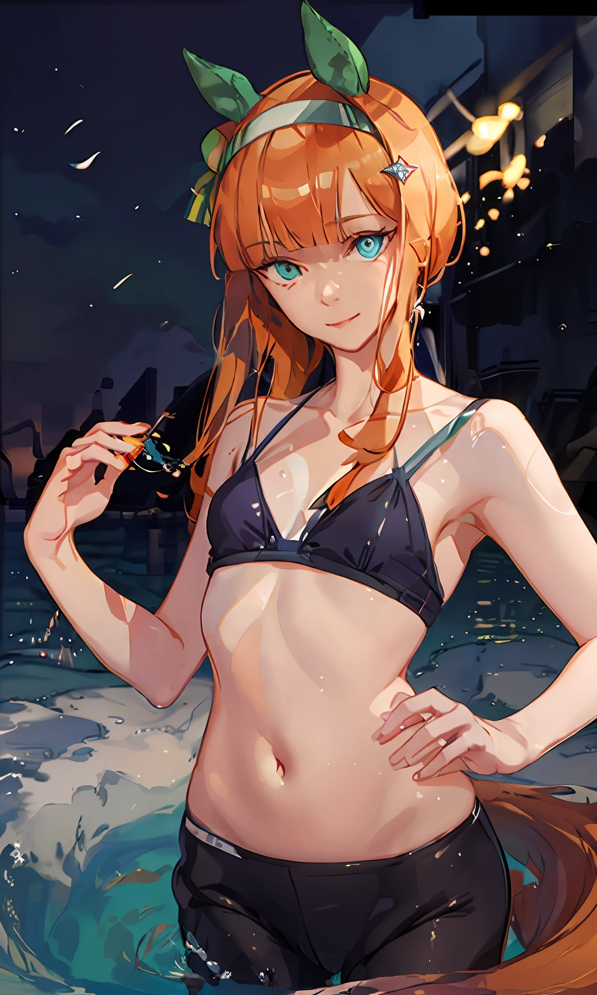 (Maste Piece, Best Quality, Realistic, ultra hyper-detailed, High resolution, Sharp Focus, depth of ﬁeld, Absurd), 1girl, Solo, Shiny skin, sweat, green swimwear, Looking at Viewer, jumping from sea, bending upper body, realistic armpit, water splash, Smile, (small breaths:2), (Slender:2), Thin waist, (Detailed eyes, Sharp pupils, Realistic pupils), collarbone, realistic fingers, Camel toe, shining moon, night sea