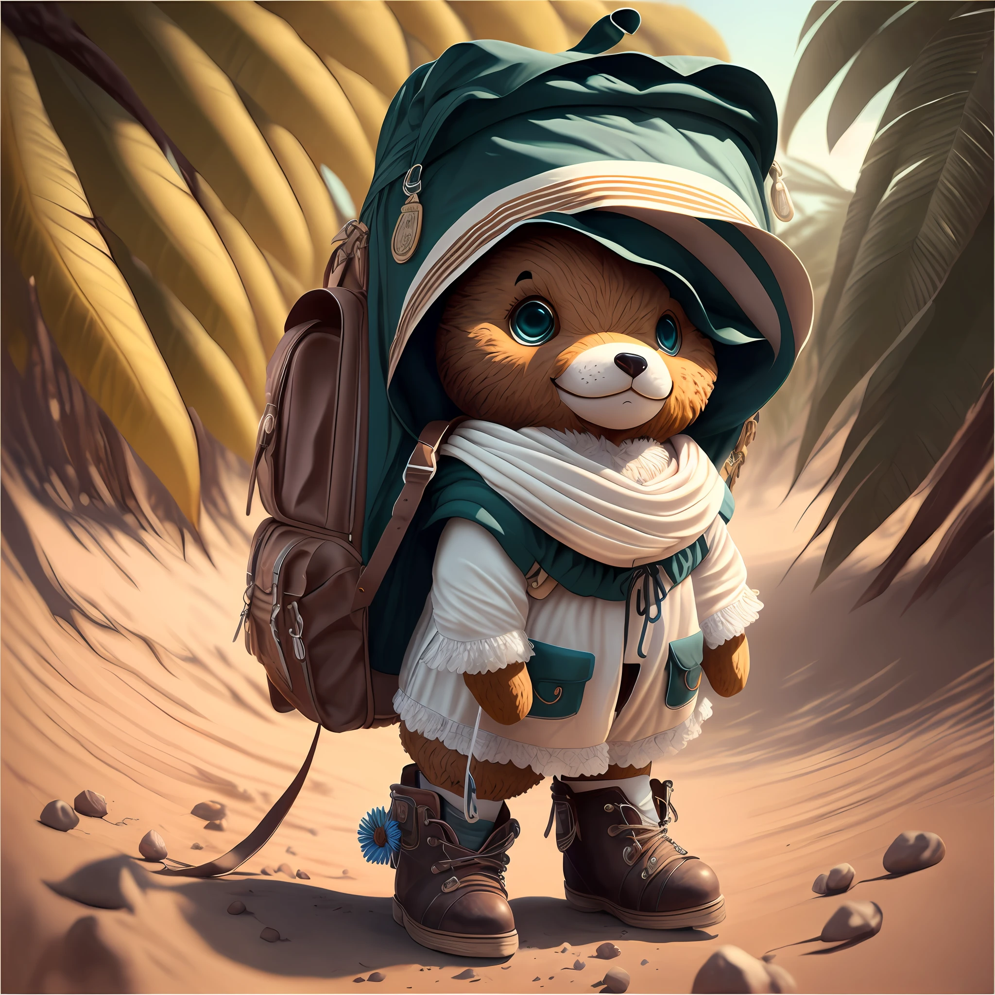 Uma garota de cabelo branco curto, usa uma capa com um short, uma blusa e botas, ela carrega uma bolsa de costa no formato de um urso, roupa e mochila de cor preta, usa colares prateados, full HD, 4k, 8k, 16k, super realista, detalhado --auto