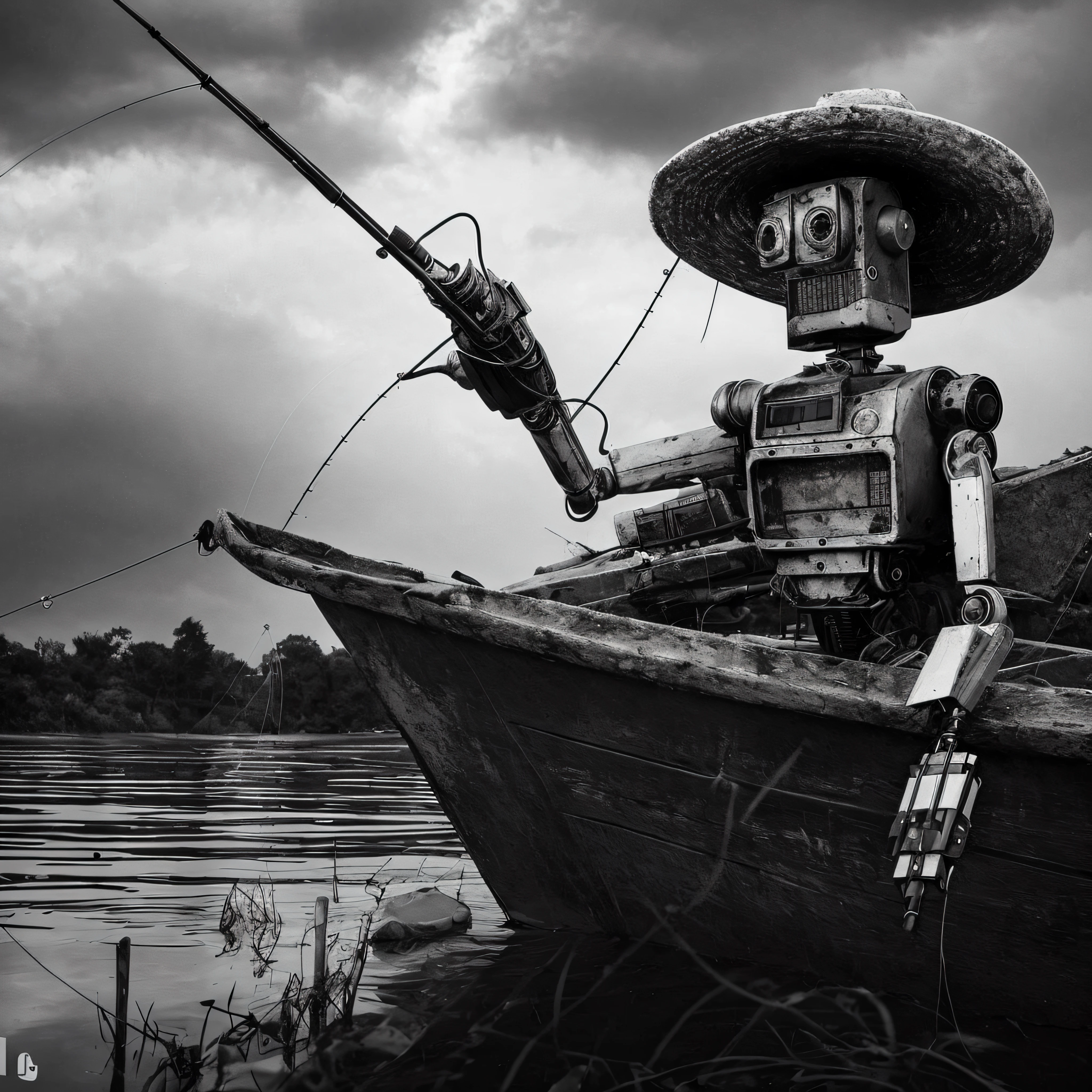 arafed robot sitting in a boat with a fishing pole, the robot has a fishing rod, robot photography, pirate robot, robot pirate, scifi gadgets in a pond, Fotografia Alexey Gurylev, a still life of a robot, a still life of a rusty robot, the robot is captain of a ship, Pescador, foto muito precisa
