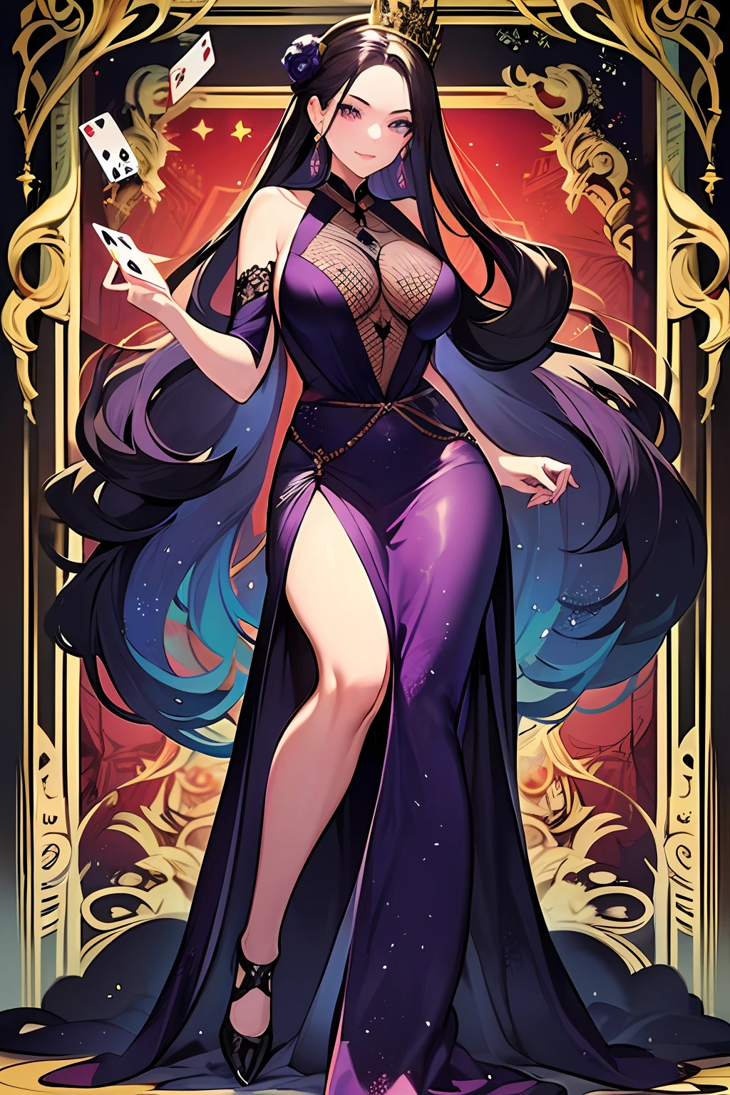 masterpiece, best quality, 1girl, queen of darkness, purple long dress, detailed pattern, long hair, full body, poker cards, magical vibe