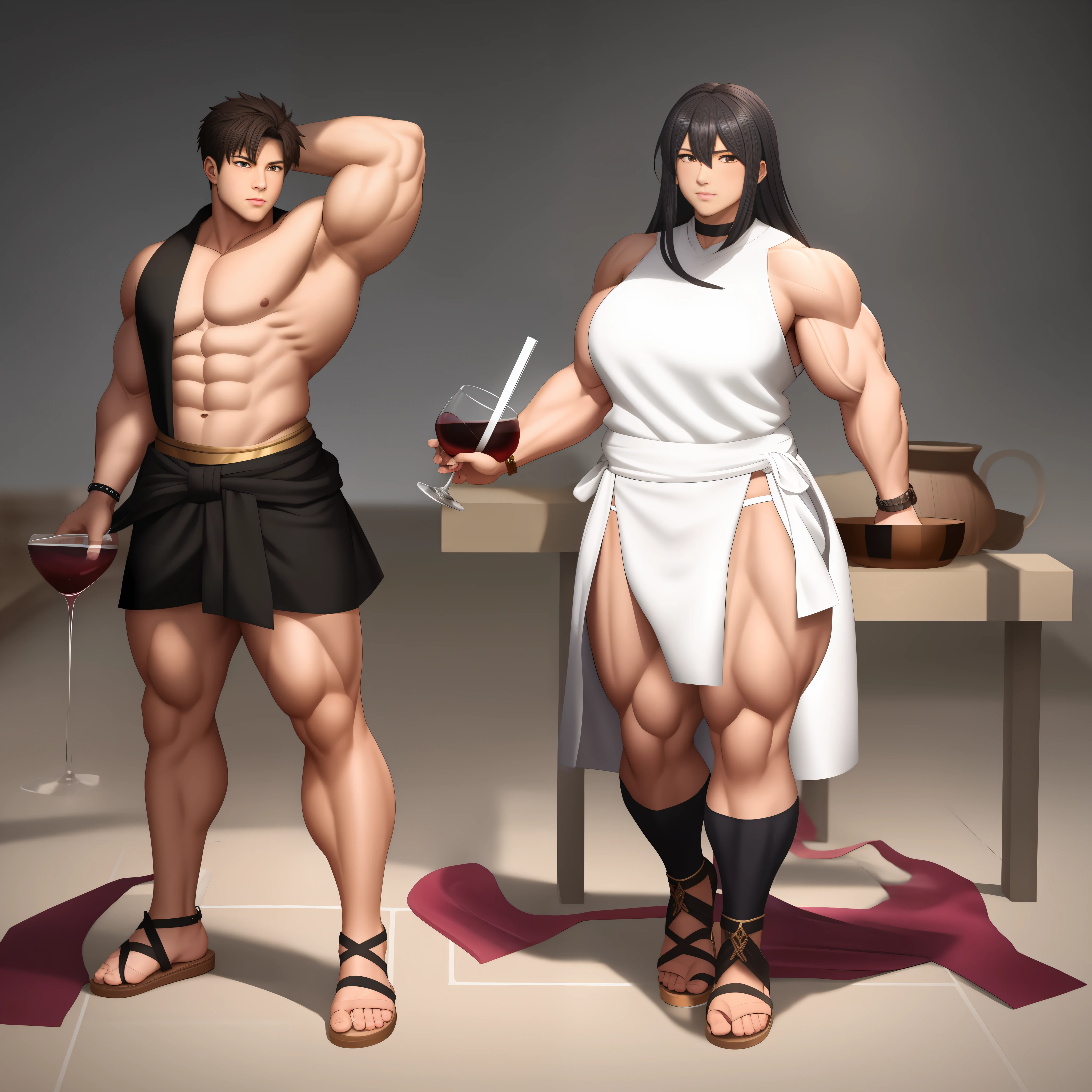 anime characters in a pose with a clay jug full of wine, spilling drink, wine puddle, couple wearing ancient Greek clothes, toga, tunic, loincloth, commission for high res, muscular!!, muscular!, commission for, muscular characters, sfw version, fullbody commission for, oc commission, (sfw) safe for work, muscular! fantasy, oppai proportions, muscular!!!, large muscles, feminine and muscular, full res, strong fat bacchanalian body, male with female