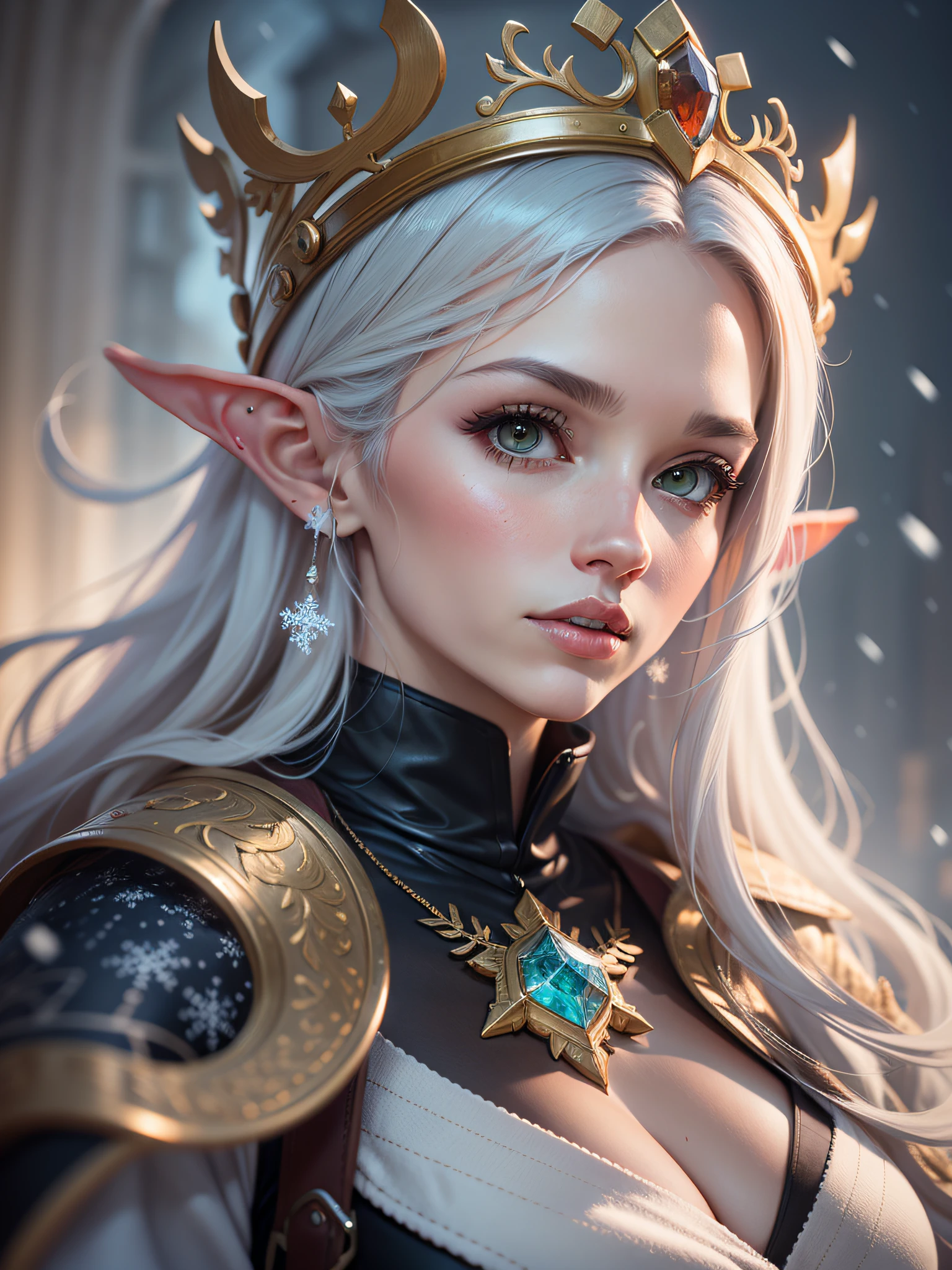 Woman with an ice tiara on her head and a navy blue winter cloak with gold details, snowflake brooch. long black hair. Winter queen, elf princess, portrait of an elf queen, elf queen, winter princess, an elf queen, artgerm in artstation pixiv, beautiful and elegant elf queen, full body. Standing in the snow in front of a large icy castle. ig model | artgerm, :: rossdraws, artwork in the style of guweiz, extremely detailed artgerm. full body, detailed background of a castle, hyper detailed, detailed face, sincere POV photo, by lee jeffries, nikon d850, film stock photography,4 kodak portra 400, f1.6 camera lens, rich colors, hyper realistic, realistic texture, dramatic lighting, cinestill 800
