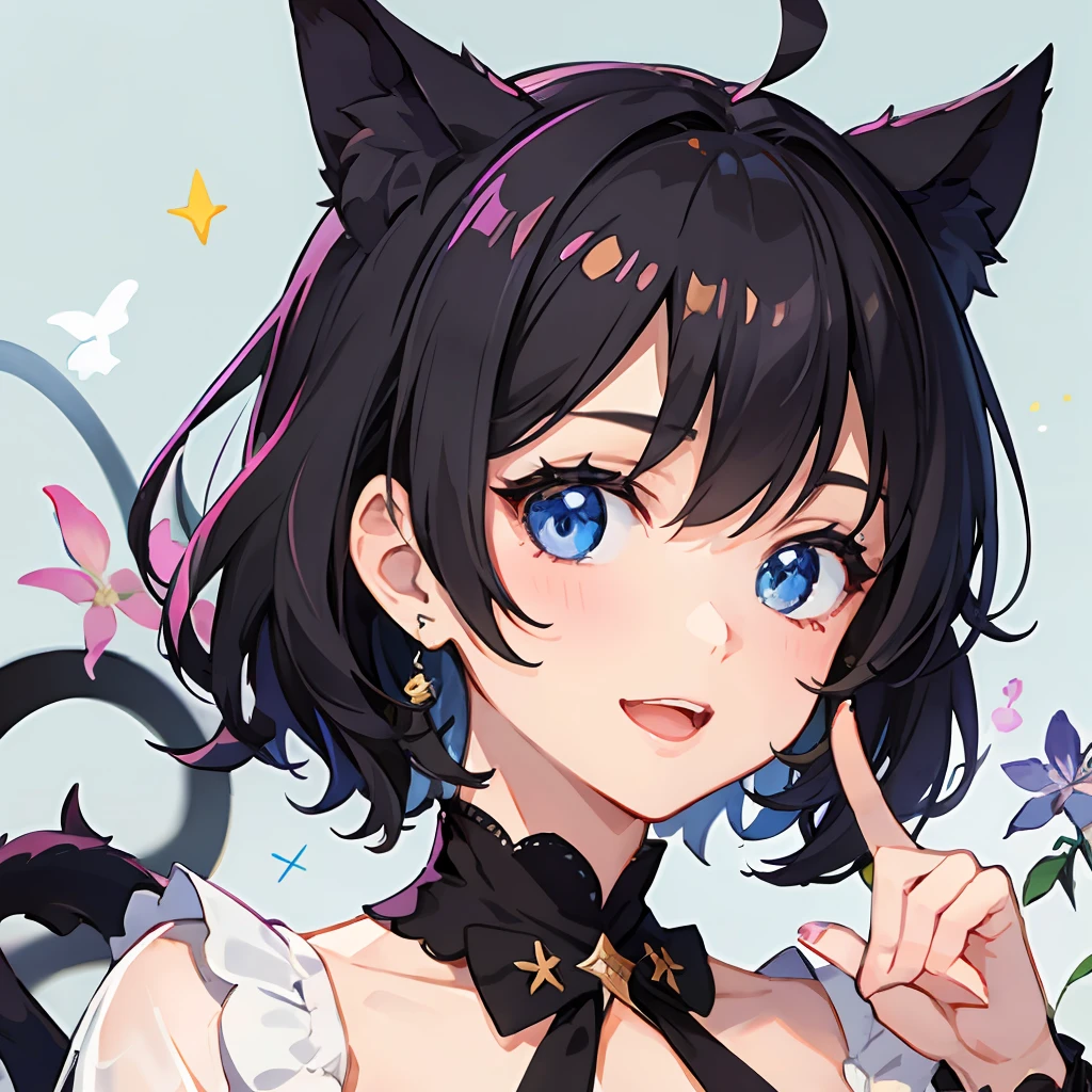 ((beste-Qualit))、((a masterpiece of))、((ultra-definition))、(illustratio)、(Fine light)、(Extremely delicate and beautiful)、(((独奏)))、1 girl in、(((beautiful a girl)))、opened mouth、Tremendous smile、(Black-haired), (Black cat ears), (Ahoge), (absurdly short hair), (Maeby Hair), (Blue eyes),Fashionable background、Peace sign with both hands、mideum breasts、