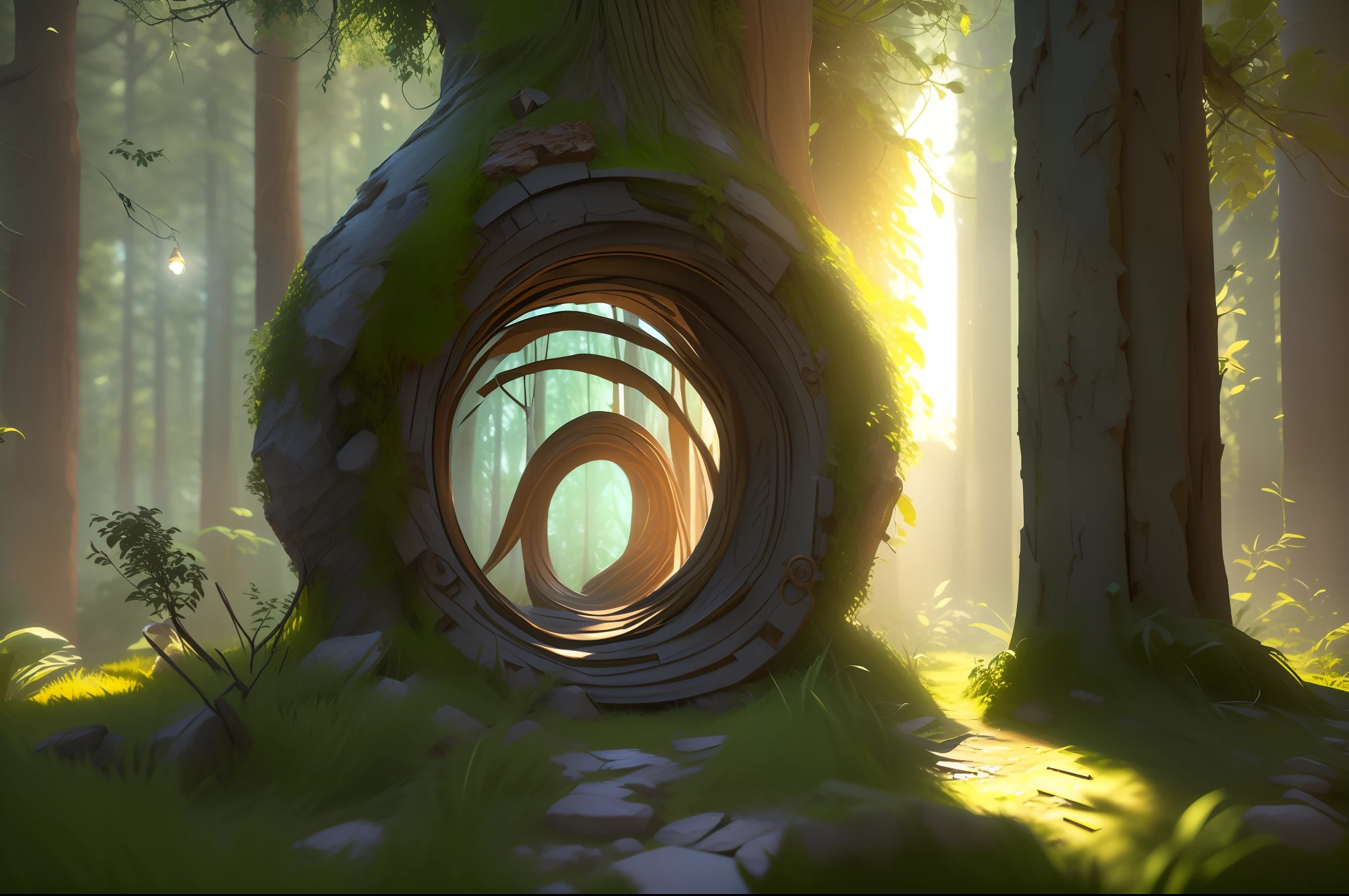 there is a small circular hole in the middle of a forest, Portal Florestal, bela arte conceitual 3D, rolands zilvinskis 3d render art, artista ambiental, inspired by senior environment artist, by senior environment artist, unreal engine render concept art, ambiente florestal de fantasia, arte conceitual fotorrealista, Meio Ambiente Arte, lindo render 3d, 3 d render stylized