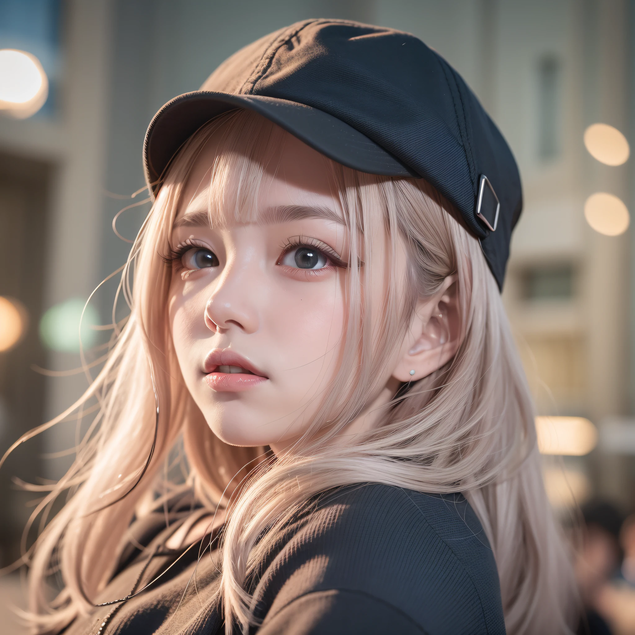 bonita de 18 anos com cabelo branco longo e com grandes olhos azuis bem juntos horizontalmente ao nariz ,rosto com formato redondo, com bochechas rosadas, com jaqueta preta,blusa preta,de batom vermelho,de oculos,with cord with bitcoin symbol ,black cap in 100k resolution, in a city at night full of buildings illuminated with blue and red lights