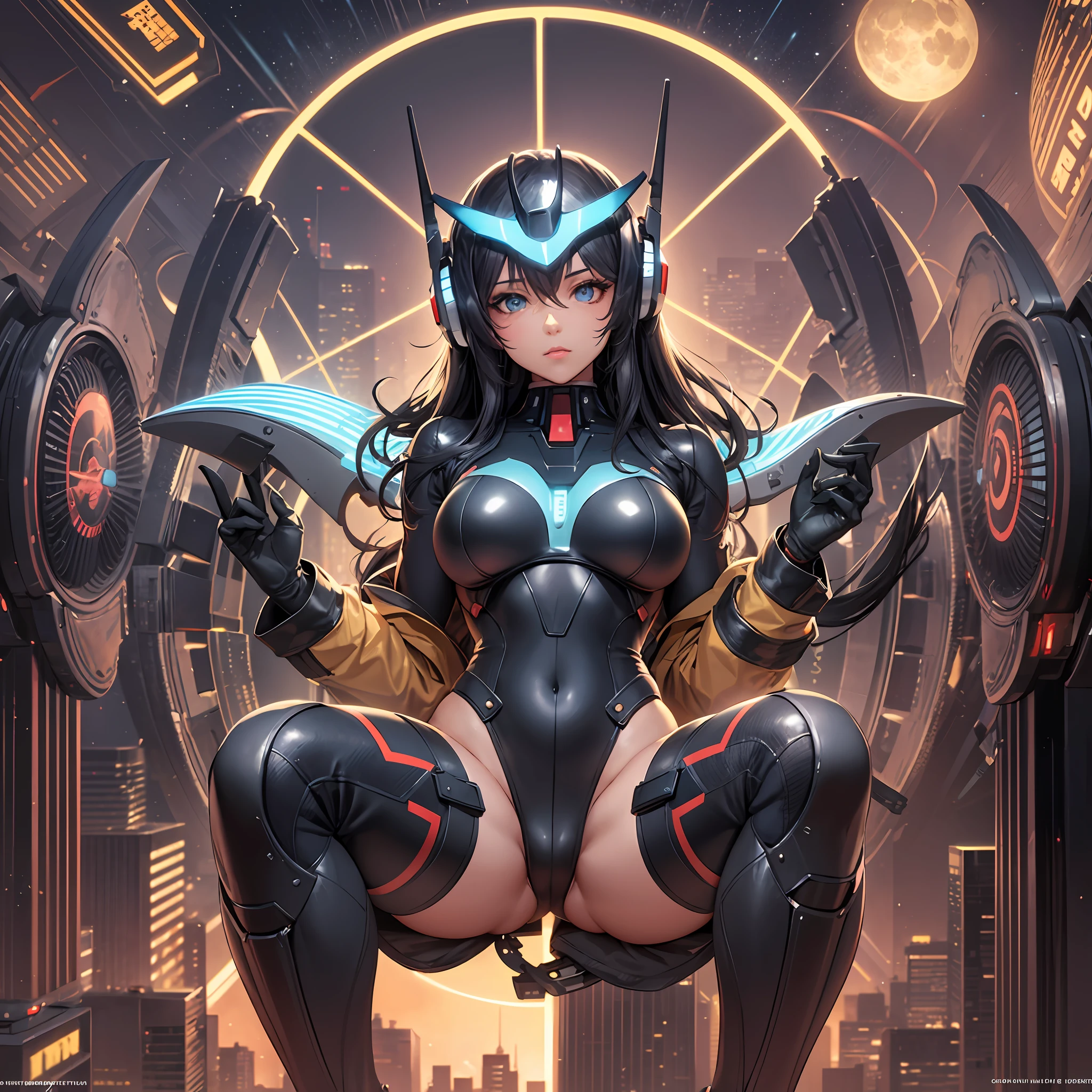 Imagine :: a young darkskin 1woman! shapely body round rump buff thighs, wearing [black with gold trim] leather outfit :: sitting astride a futuristic cyber-motorcycle :: Mobile Suit Gundam esthetic :: in the style of Mucha :: Digital Art :: by Peter Mohrbacher :: the background consists of a moonlit solarpunk cityscape :: Artstation Pixiv trending, 8K :: (centered) (headroom) ::