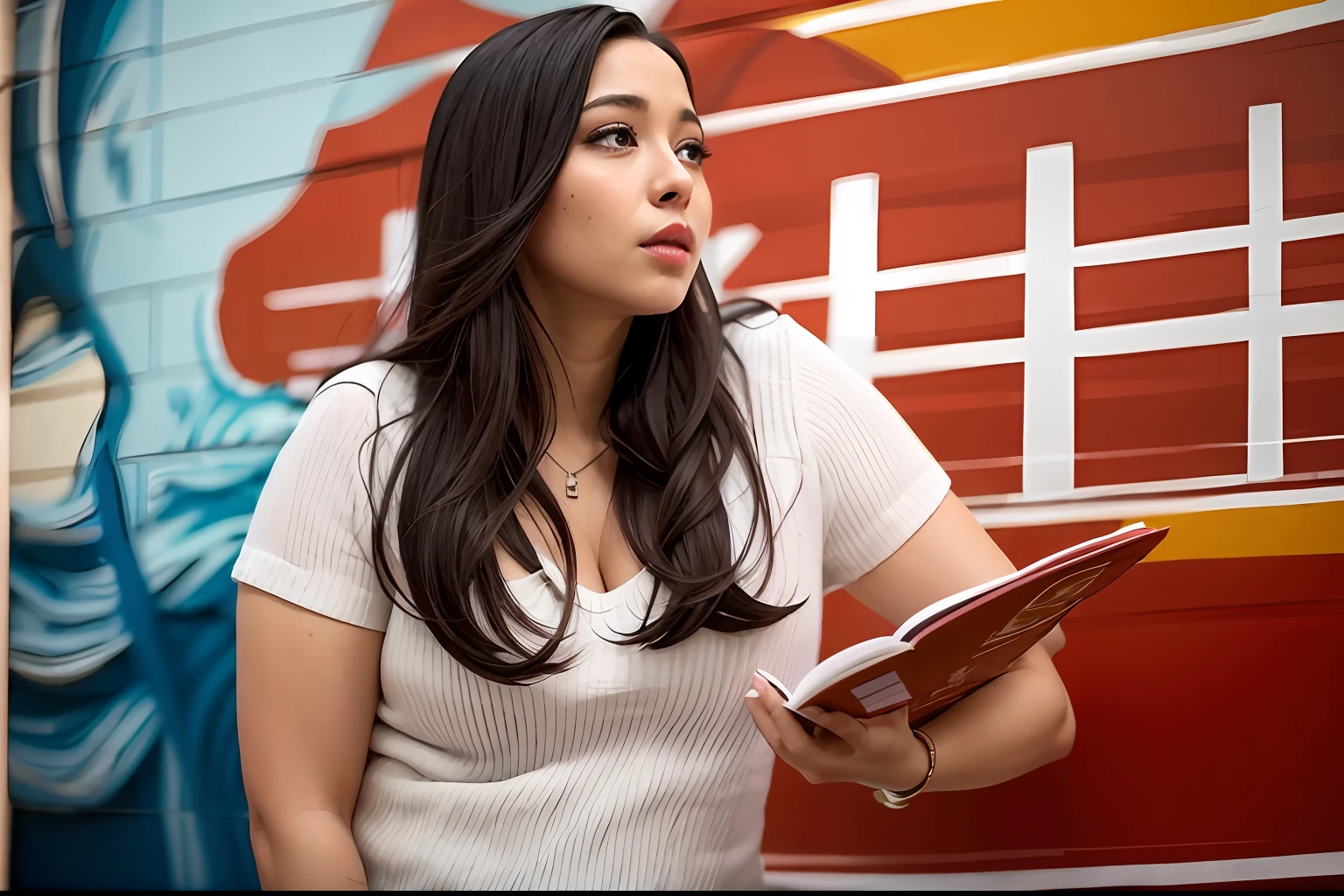 mulher com cabelo vermelho segurando um livro na frente de um mural, bae, imagem de perfil