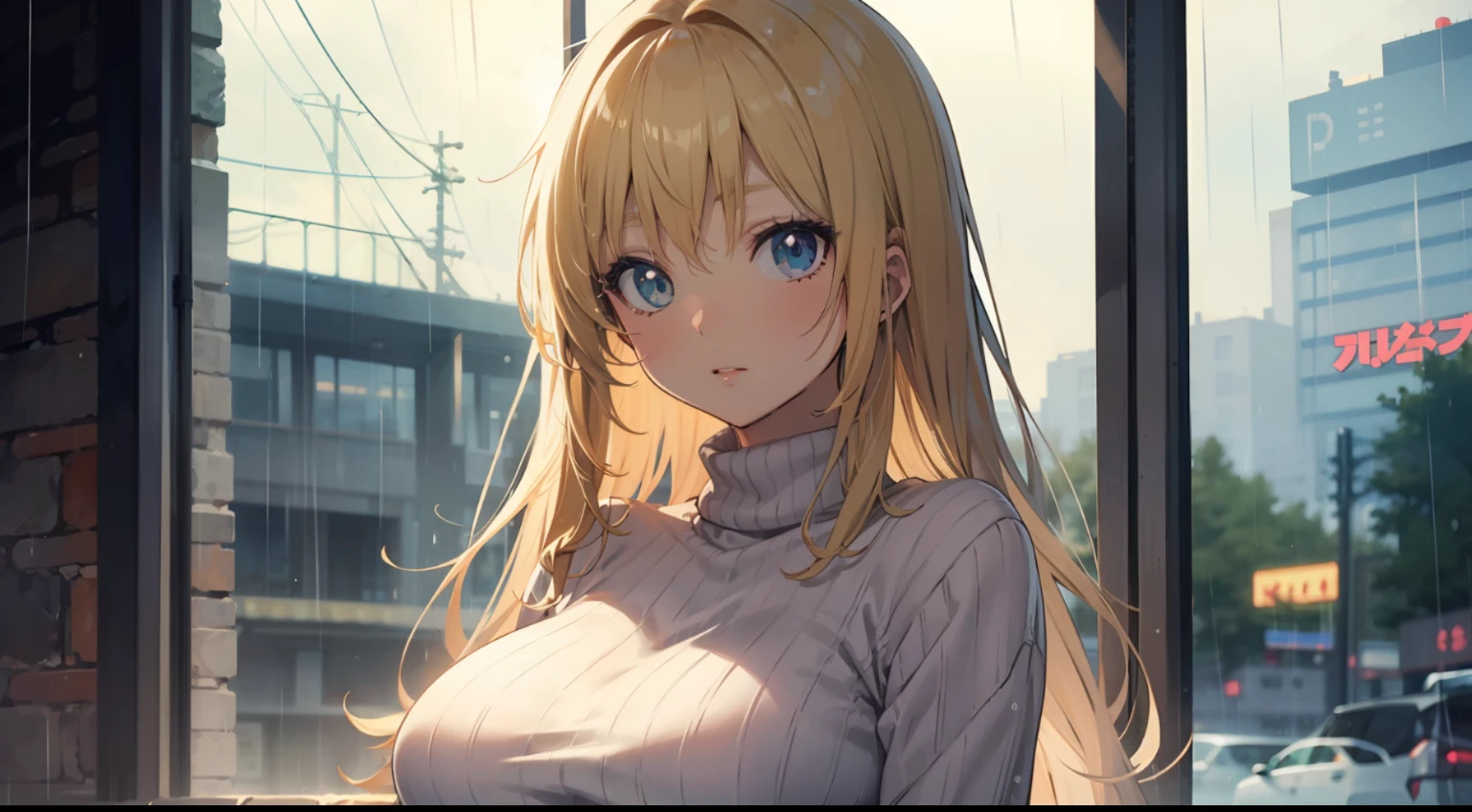 blond girl, anime style, sweater, rain outside, big breasts