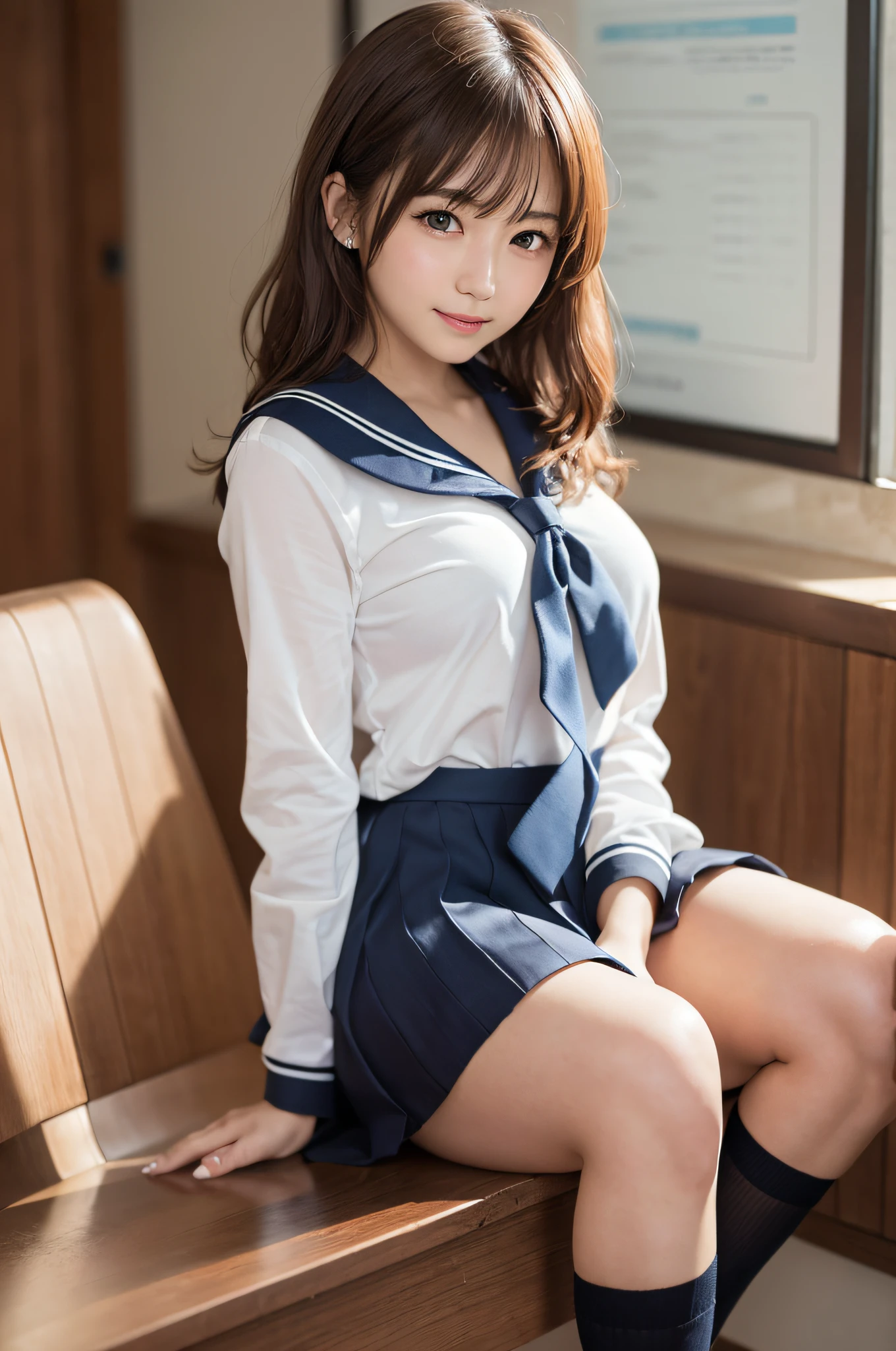 serafuku(masterpiece, extremely detailed 8k raw photo, sharp line:1.1), one japanese girl, official art, full body, colorful, beautiful eyes, light brown hair, (detailed high school sailor uniform:1.2), dark brown eyes, cute, kawaii, ecchi, sexy, big, cameltoe:1.3, nose blush, natural skin, wet and see-through, no bra, small hard Nipple erection:1.4, Through nipple, looking at viewer, shy, Cleavage, gravure:1.1, skirt lift:1.2, Anatomically correct:1.2, Anatomically correct hand:1.3, (medium hair:1.2), smile, Idol photo album, class room:1.2,