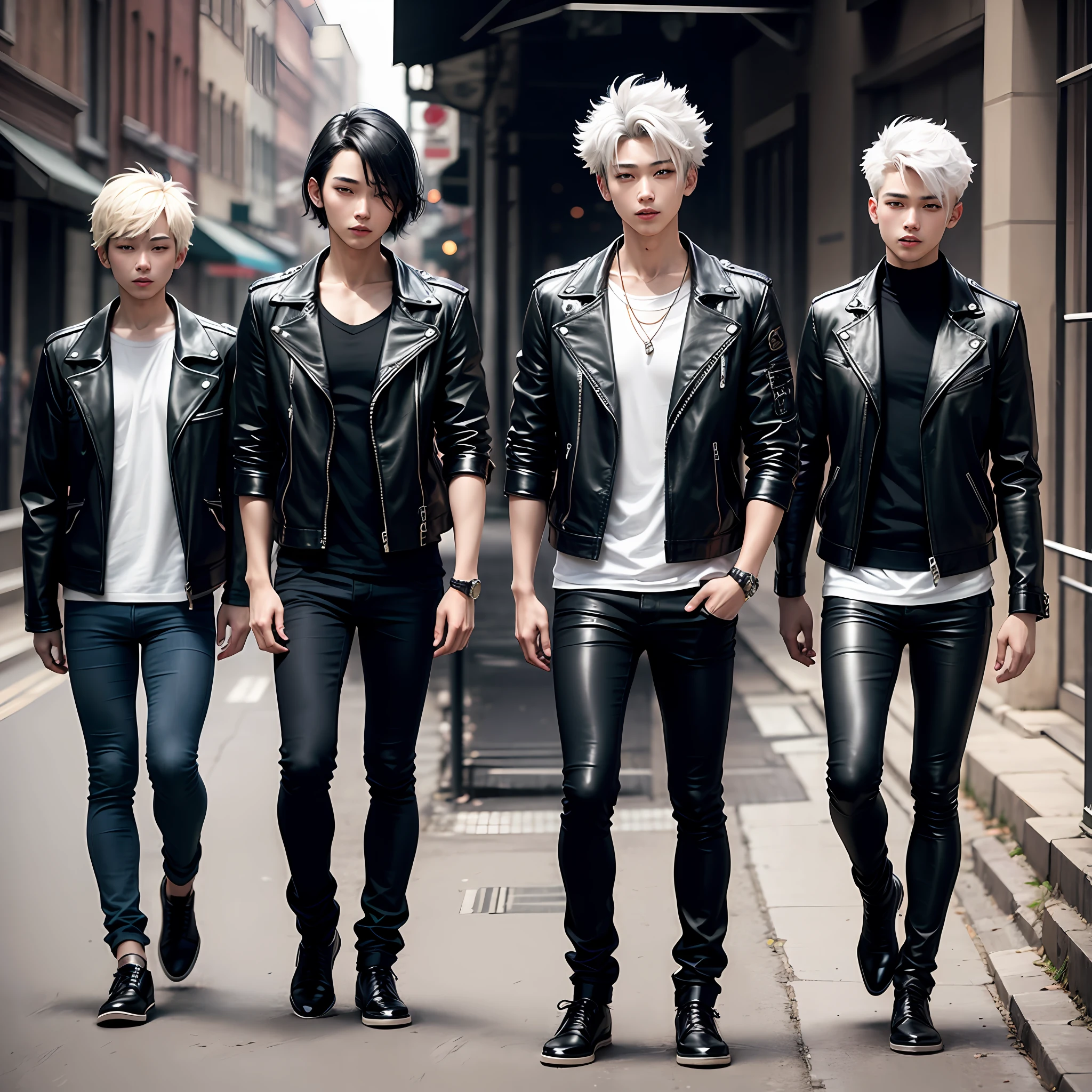 1 beautiful boy、19 years、Height 186cm、fullllbody、front facing、Visual kei、Short leather jacket、Skinny Leather Pants、A white-haired、Long Half Up Wolf Cut --auto