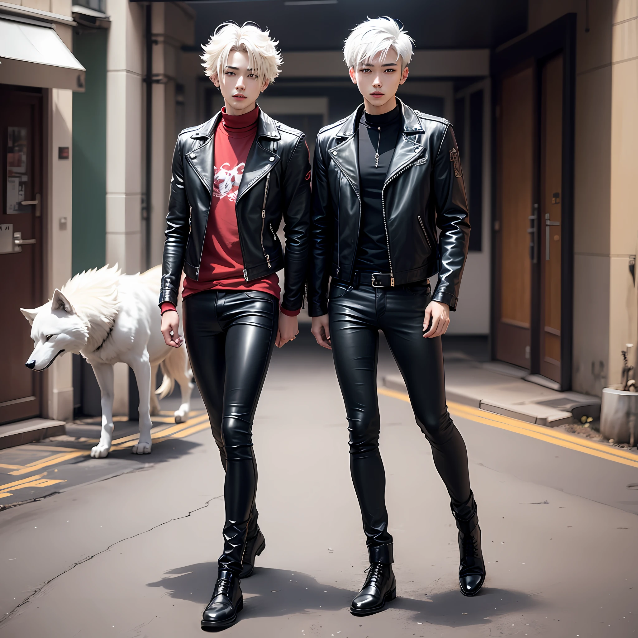 1 beautiful boy、19 years、Height 186cm、fullllbody、front facing、Visual kei、Short leather jacket、Skinny Leather Pants、A white-haired、Long Half Up Wolf Cut --auto