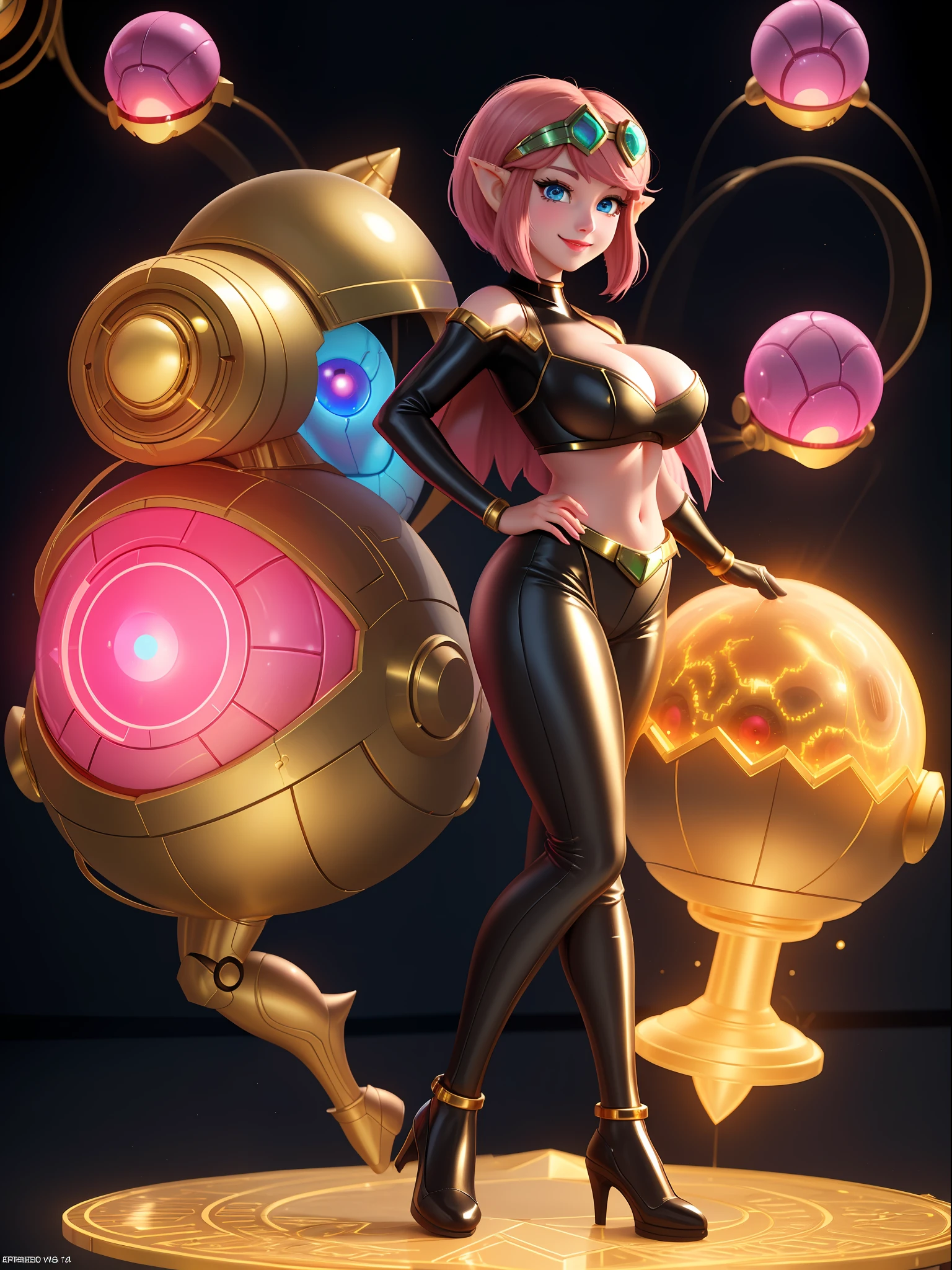 ((full body):1.5), {((Princess Zelda only))}, {((wearing black hair with gold metallic parts)), (((she has very short pink hair, blue eyes))), ((has extremely gigantic breasts)), is looking at the viewer, smiling, ((doing erotic poses)), ((alien spaceship, mutant monsters, futuristic machines, people of different ethnicities))},16k, ultra quality, ultra detailed, maximum resolution, best sharpness, (((Super Metroid))),TinkerWaifu,cartoon ,anime