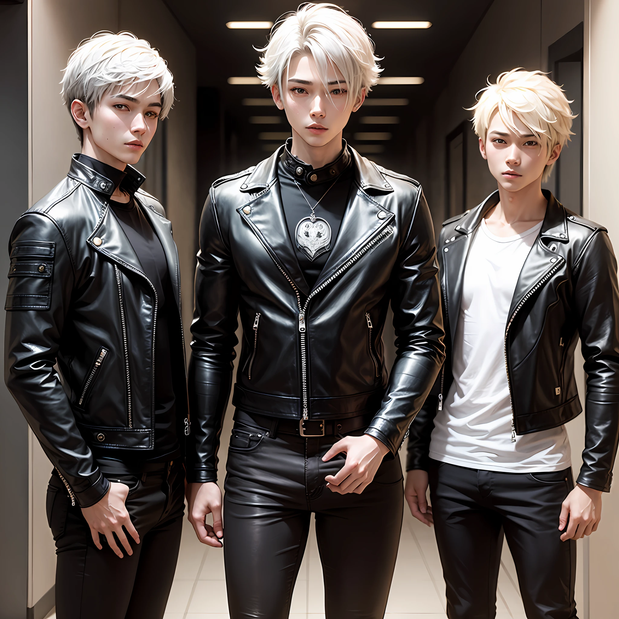 1 beautiful boy、19 years、Height 186cm、fullllbody、front facing、Visual kei、Short leather jacket、Skinny Leather Pants、A white-haired、Long Half Up Wolf Cut --auto