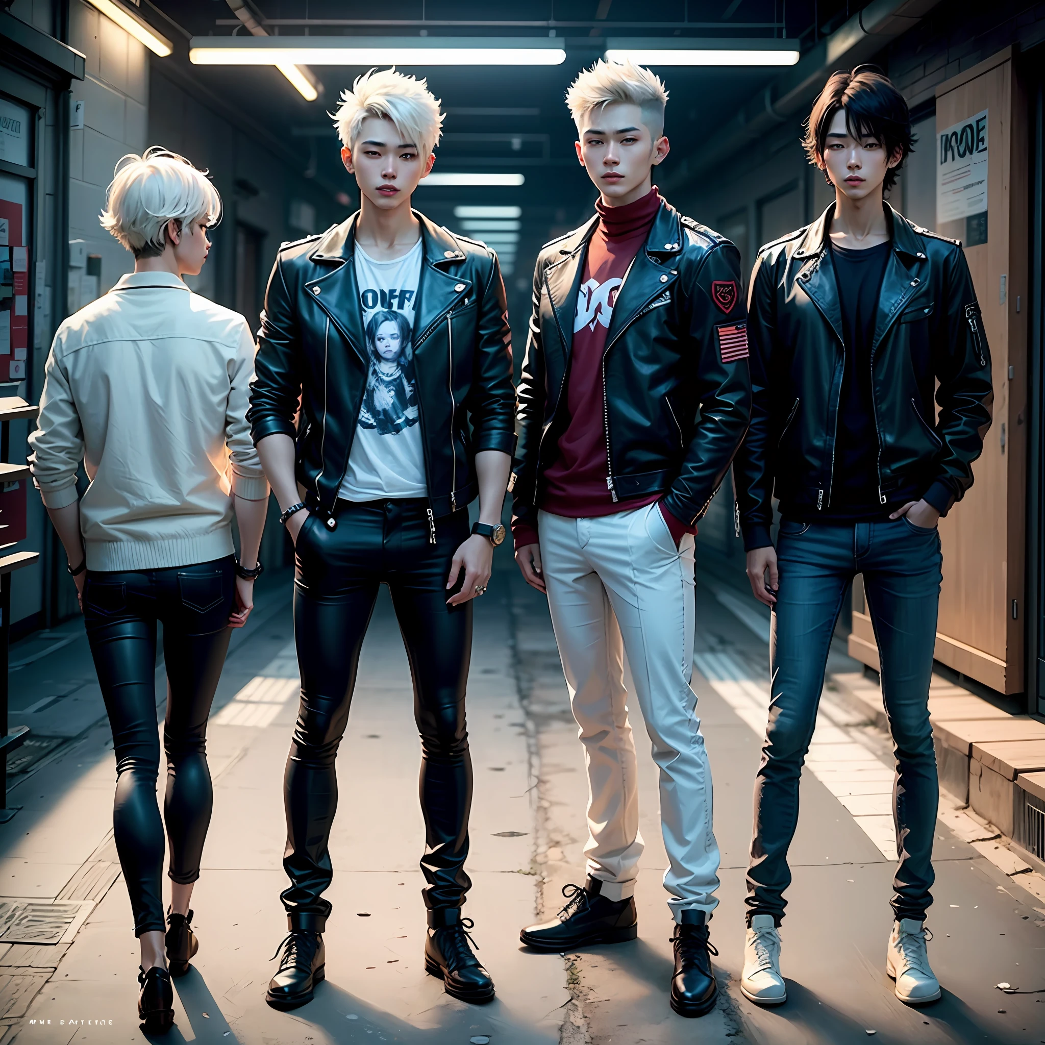 1 beautiful boy、19 years、Height 186cm、fullllbody、front facing、Visual kei、Short leather jacket、skinny pants、A white-haired、Long Half Up Wolf Cut --auto