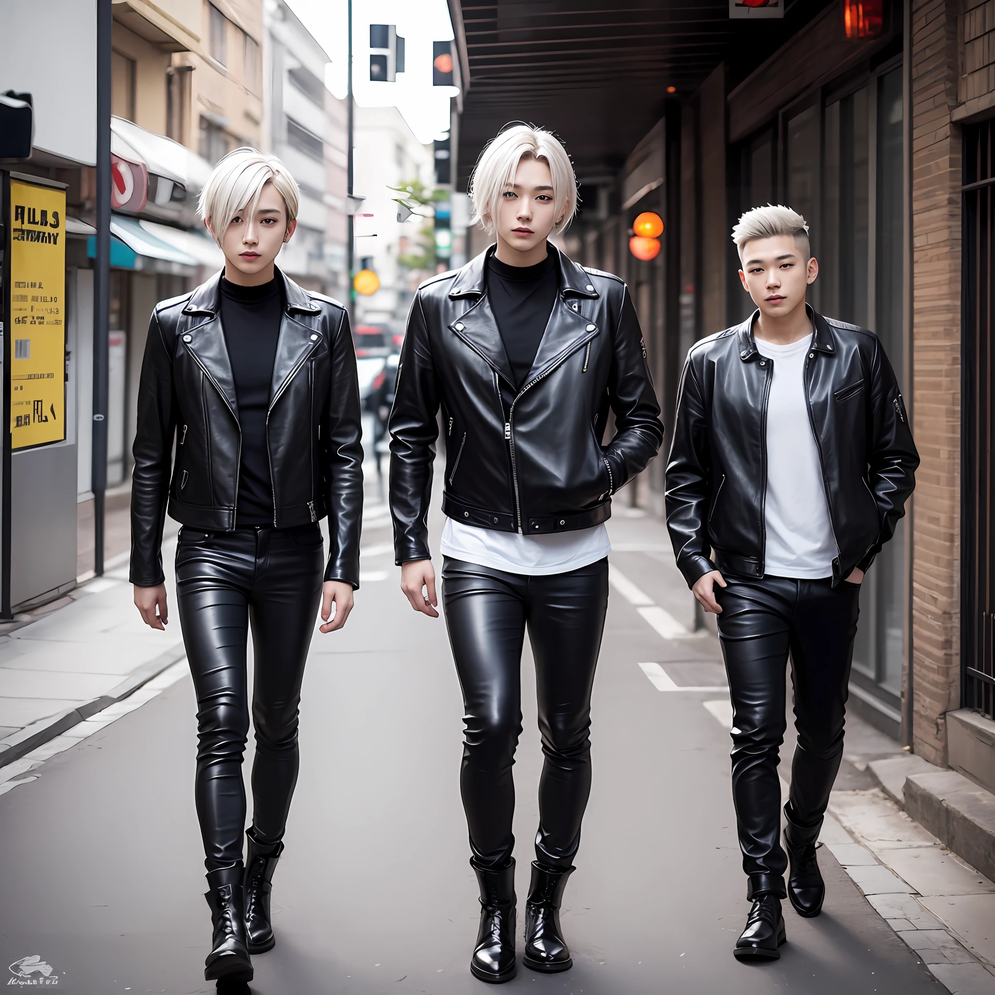 19 years、1 male、Height 186cm、fullllbody、front facing、Visual kei、Short leather jacket、Skinny Leather Pants、A white-haired、Long Half Up Wolf Cut --auto