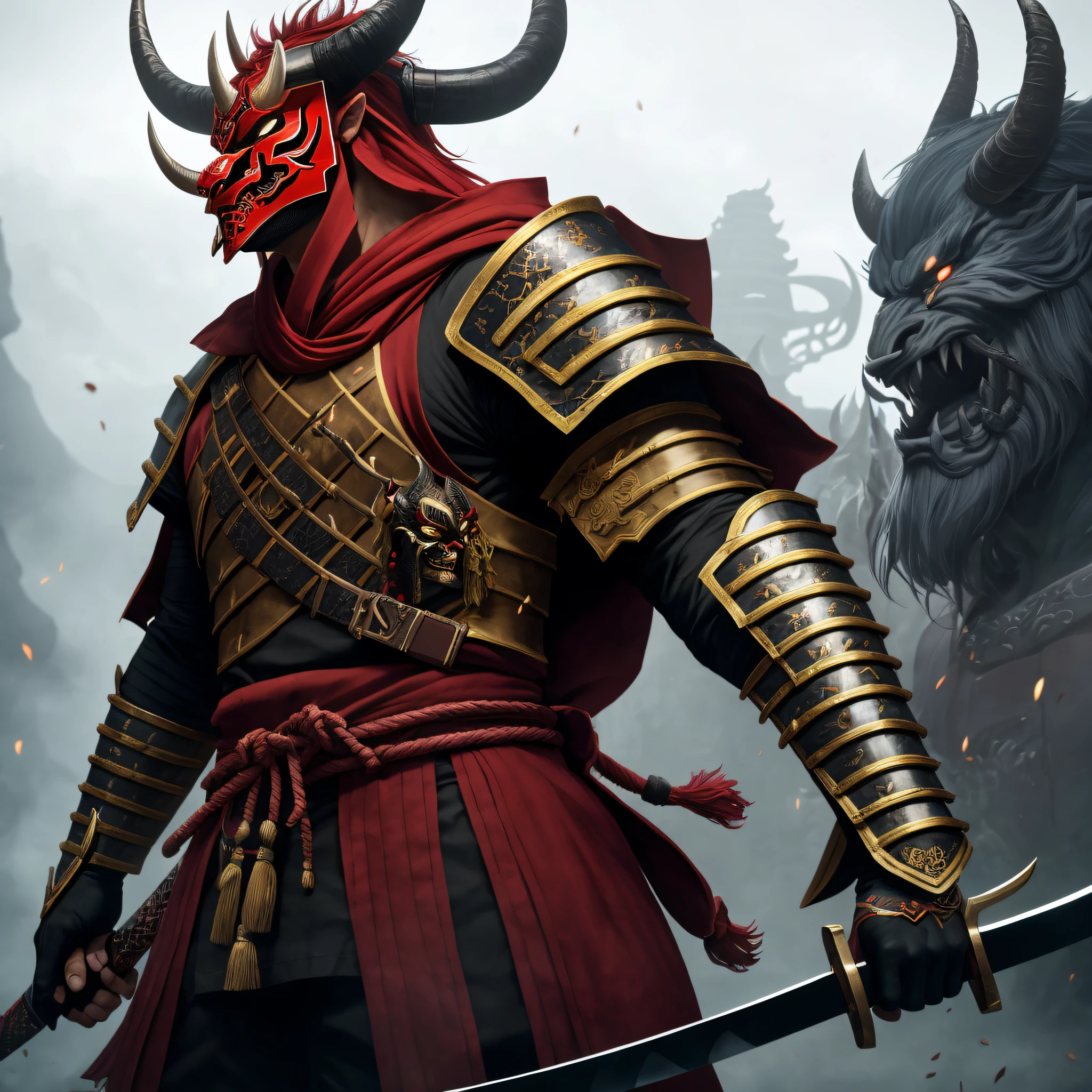 samurai demon with horns and a sword, oni mask, demon samurai, demon samurai warrior, demonic dragon inspired armor, fit male demon with white horns, demon armor, black bull samurai, hyperdetailed fantasy character, samurai with demon mask, cyborg samurai, 4k, 8k --auto