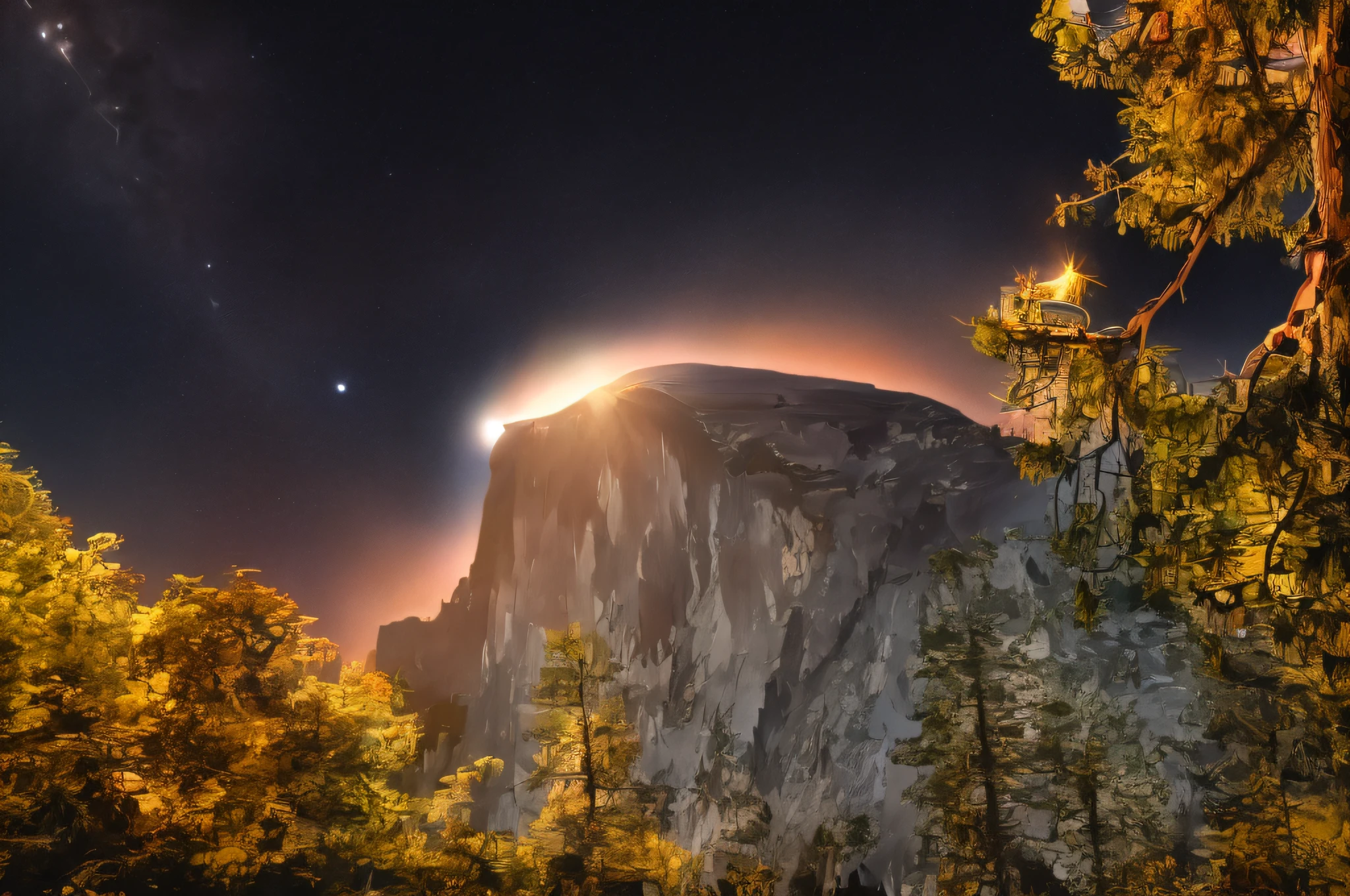 Yosemite Half Dome photo, expansive landscape photography, (a bottom view showing the sky above and open country below), a girl standing in a field of flowers looking up, (full moon: 1.2), (shooting stars: 0.9), (nebula : 1.3), distant mountain, BREAK tree production art, (warm light source: 1.2), (Firefly: 1.2), lamp, lots of purple and orange, intricate details, volumetric lighting, BREAK realism (masterpiece: 1.2) , (best quality), 4k, ultra-detailed, (dynamic compositing: 1.4), highly detailed, colorful details, (iridescent colors: 1.2), (bright lighting, atmospheric lighting), dreamy, magical, (solo: 1.2)