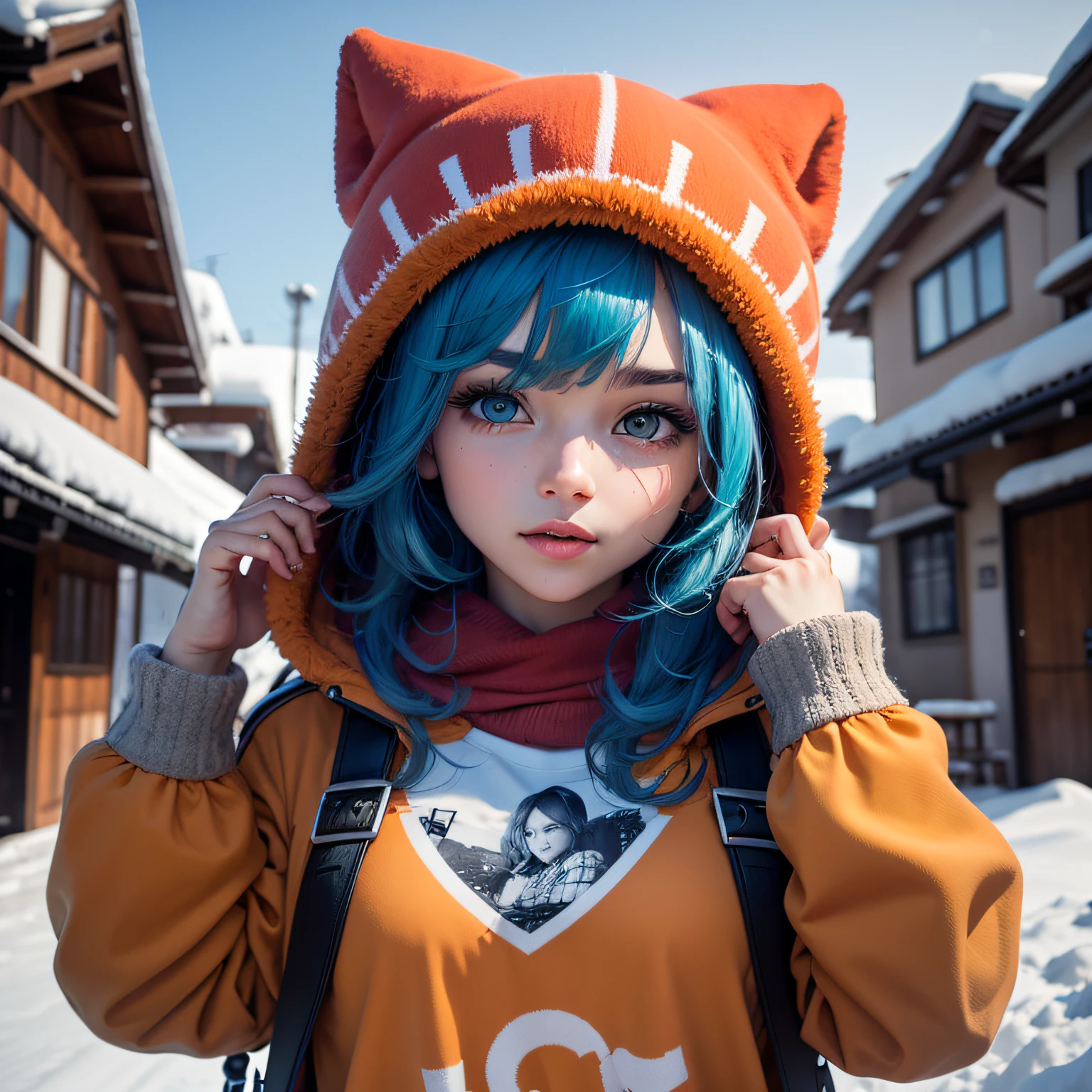 1 mulher cabelos cor laranja olhos azul usando touca russa ushanka , de mini saia curta ,moletom ,na neve posando para foto --auto