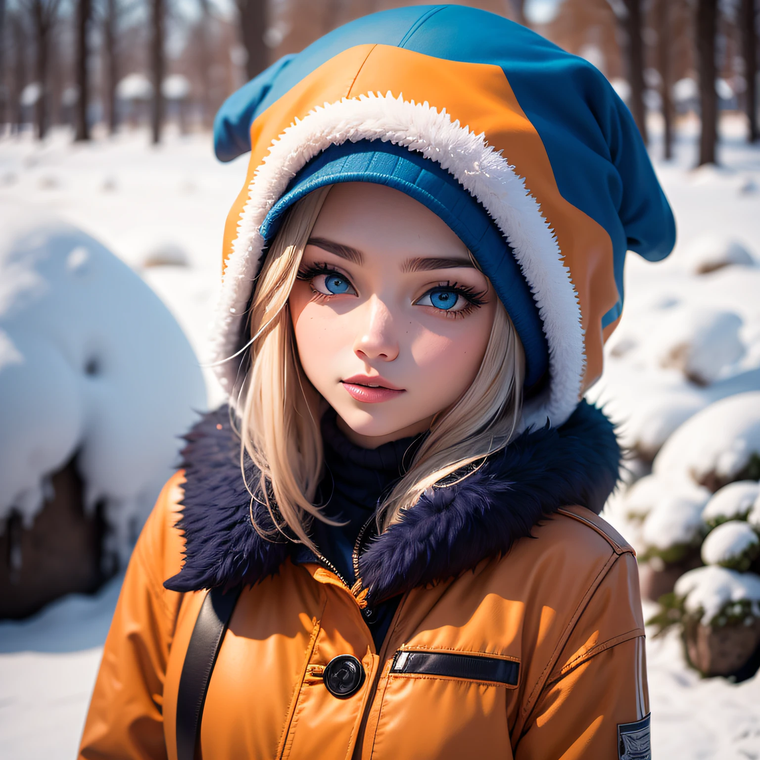1 mulher cabelos cor laranja olhos azul usando touca russa ushanka , de mini saia curta ,moletom ,na neve posando para foto --auto