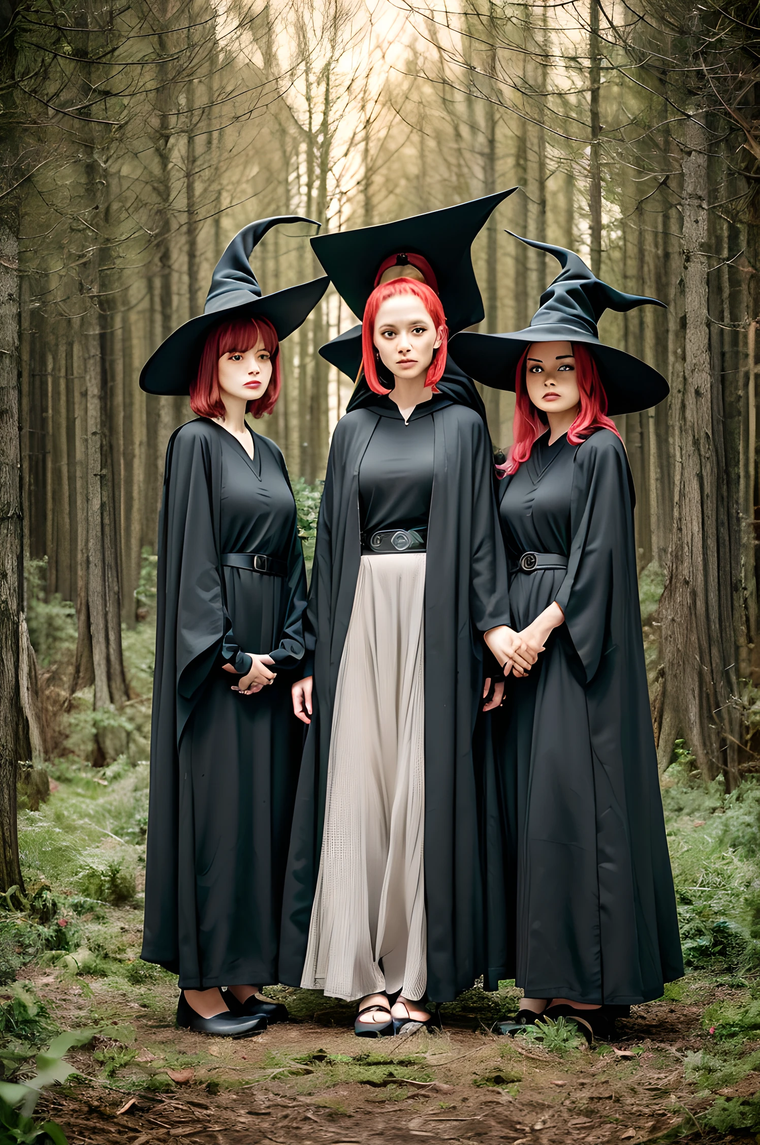 (((three witches in black robes and hats stand in front of a tree))), Brujas, Ocultismo pagano, El conjuro de la bruja, Wicca, Gloomy Forest Background with Red Moon and Ambient Light, luz cenital desde arriba al centro del circulo de las tres brujas, On the floor with neon light the symbol of occultism