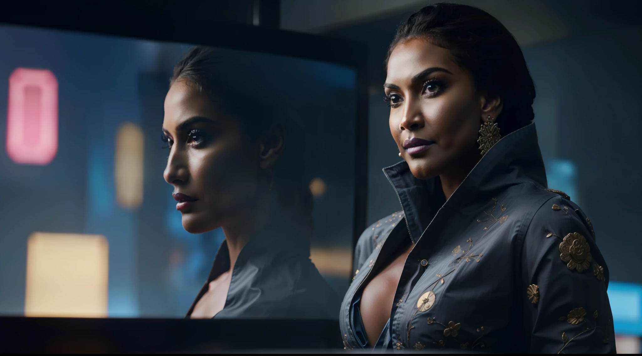 (8k, ARTISTIC photography, best quality, masterpiece: 1.2), (realistic, photorealistic: 1.37), over-detailed, (high-detail skin: 1.2), ((pam grier)) 8k uhd, SLR camera, soft lighting, high quality, film grain, Fujifilm XT3, cinematic lighting, photonic display, brightness, physically rendered photo (cyber punk Girl, hacker, African American, dark skin, ), beautiful face, (hacking console) ((half smile)), over-detailed face, (((big open eyes))), beautiful body, voluptuous body, (( dressed as futuristic samurai, tech wear, ǍCROŇYM)), (((over-detailed men's clothing))), ((( Gore-Tex clothes )), (((extremely intricate outfits))), posing, a dark room with neon lights and computers and monitors, (((pure 8K))), (((perfect anatomy))), extremely high-quality graphics, Riddley scott, Blade Runner, Denis villeneuve (((cinematic lighting))), ((clear details)), complex, highly detailed background,