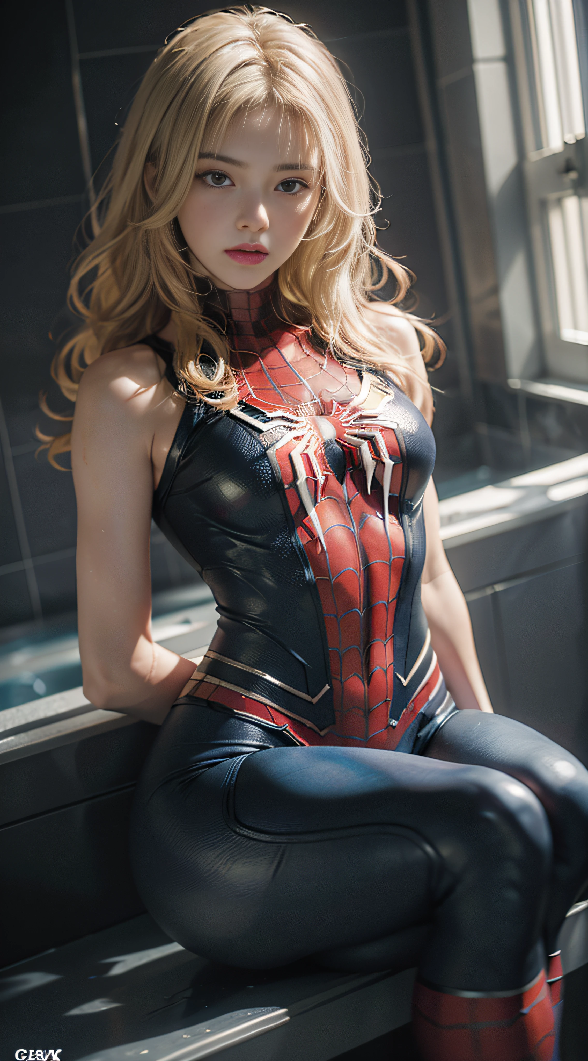 (Extreme Detail CG Unity 8K wallpaper、a masterpiece of、beste-Qualit)、(exquisite lighting and shadow、highly dramatic picture、cinematic lens effects)、Girl in white Spider-Man costume、12year old、Blonde hair color、Long Wave Hair、Spider-Man Parallel Universes、Wenger、Marvel、spider-man、sitting in the couch、Dynamic Poses)、(excellent details、Outstanding lighting、Wide Angle)、(Excellent rendering、Enough to stand out in its class)、 White Spider-Man Costume、Focus on complex spider textures、(((Troubled face、ratex)))、perspiring、body soaking wet、Shower room、(Take a bath up to the waist)