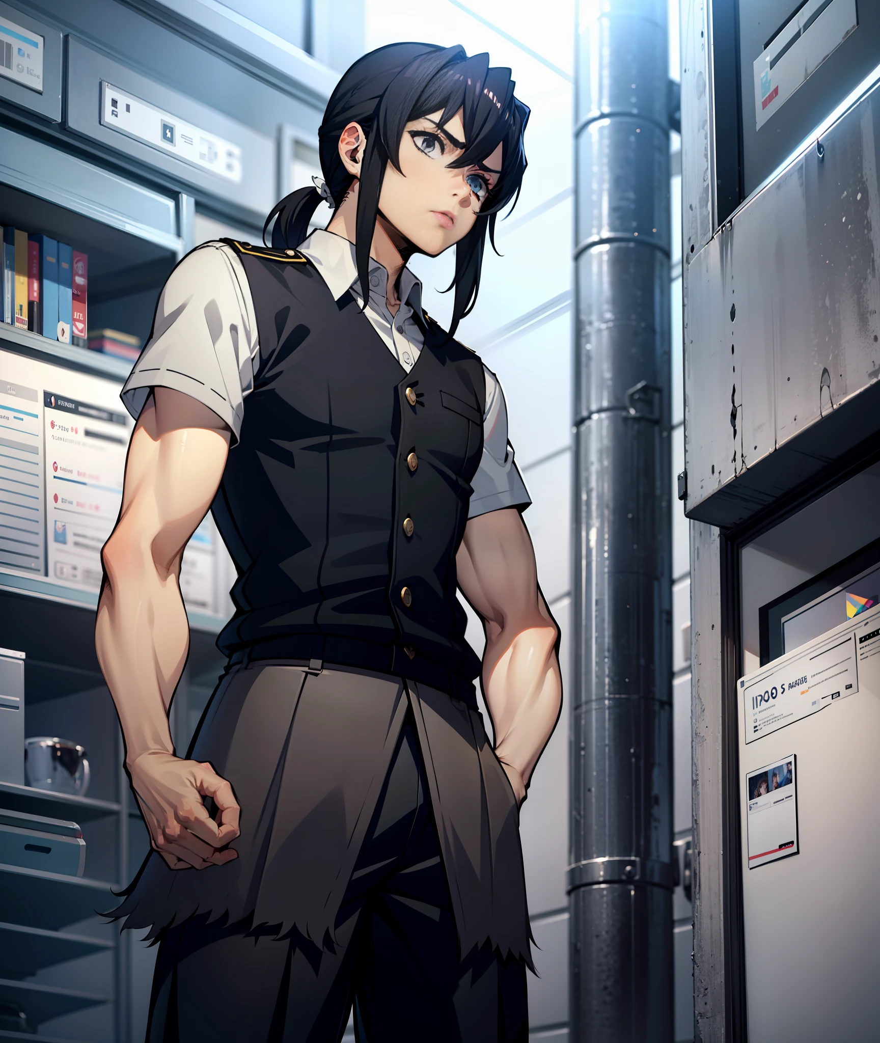 1boy, black hair, long hair, hair in ponytail, grey eyes, uniform, calm, tired, tall, grey clothes