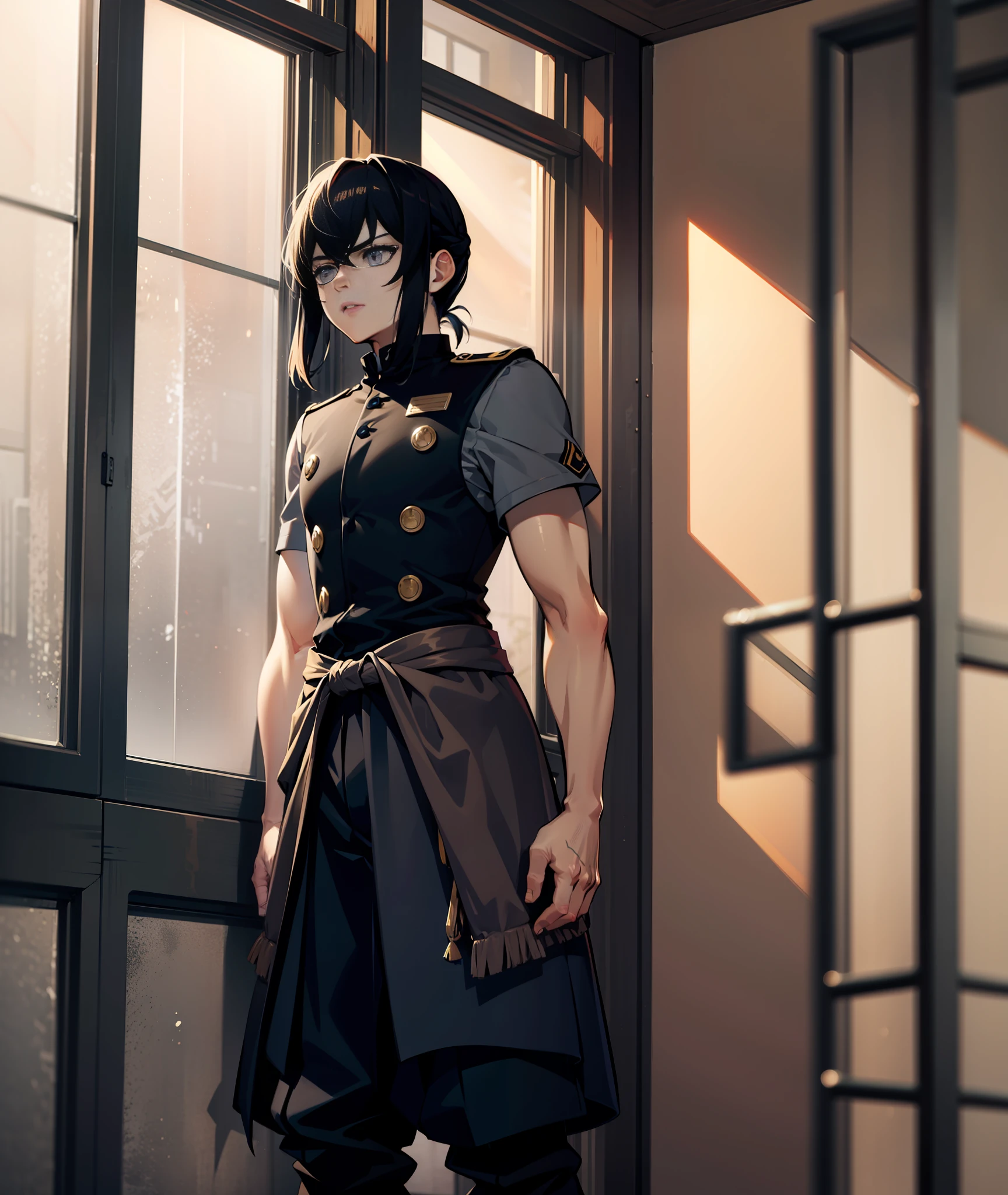 1boy, black hair, long hair, hair in ponytail, grey eyes, uniform, calm, tired, tall, grey clothes