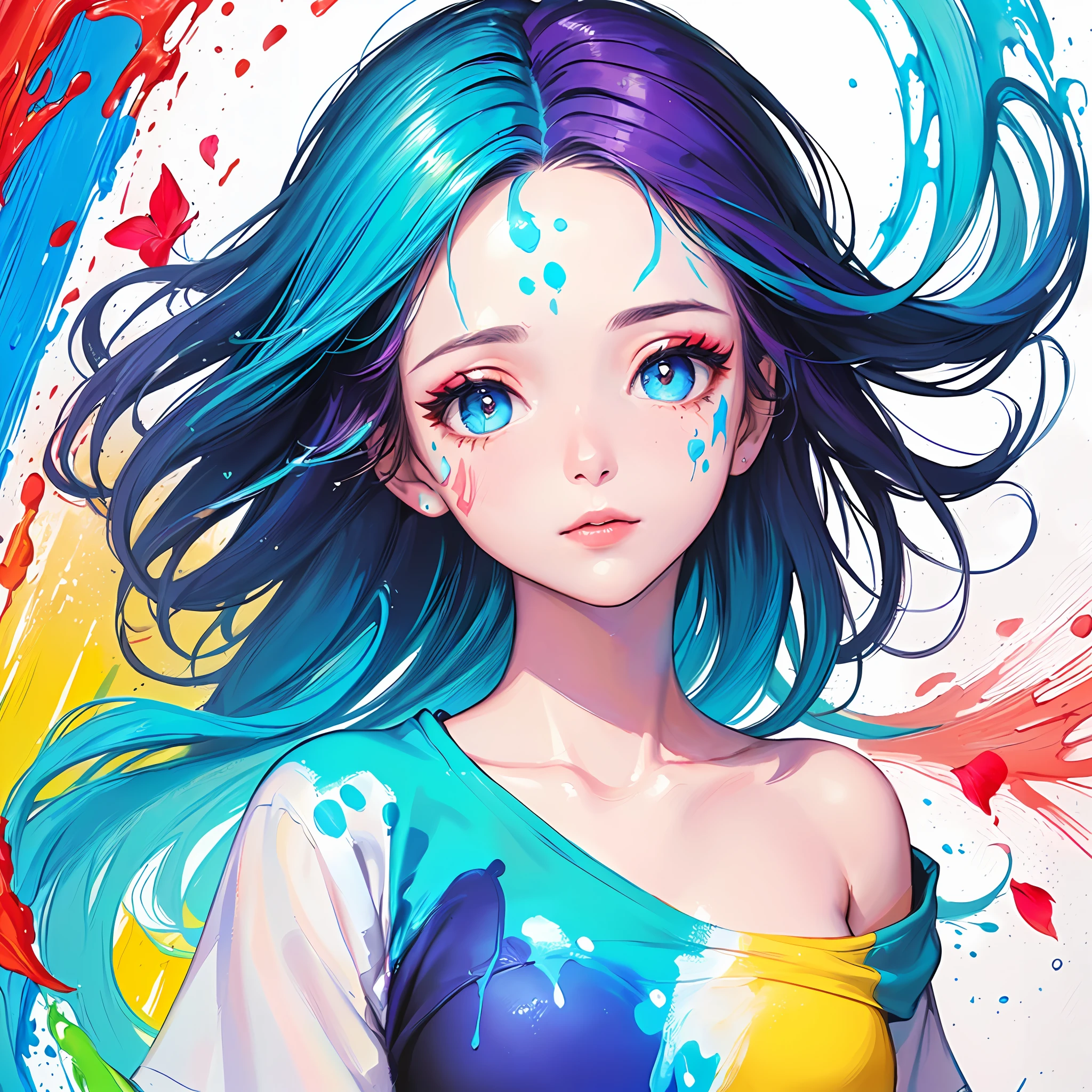(Pink Fashion T-shirt:1.9),(Colorful hair: 1.8), (all the colours of the rainbow: 1.8),(((((vertical painting:1.6))), (painting:1.6),front, comics, illustrations, paintings, large eyes, crystal clear eyes,( rainbow color gradient high ponytail:1.7), exquisite makeup, closed mouth,(Small Fresh: 1.5),(Wipe Chest: 1.6) ,long eyelashes, white off shoulder T-shirt, White Shoulder Shirt,looking at the audience, large watery eyes, (rainbow colored hair:1.6), color splash, (solo:1.8), color splash, color explosion, thick paint style, messy lines, ((shining)),(colorful), (colorful), (colorful), colorful, Thick Paint Style, (Splash) (Color Splash), Vertical Painting, Upper Body, Paint Splash, Acrylic Pigment, Gradient, Paint, Highest Image Quality, Highest Quality, Masterpiece, Solo, Depth of Field, Face Paint, colorful clothes, (Elegant: 1.2), gorgeous,long hair, wind, (Elegant: 1.3), (Petals: 1.4),(((masterpiece))),(((best quality))),((ultra-detailed)),(illustration),(dynamic angle),((floating)),(paint),((disheveled hair)),(solo),(1girl) , (((detailed anima face))),((beautiful detailed face)),collar,bare shoulders,white hair, ((colorful hair)),((streaked hair)),beautiful detailed eyes,(Gradient color eyes),(((colorful eyes))),(((colorful background))),(((high saturation))),(((surrounded by colorful splashes))),