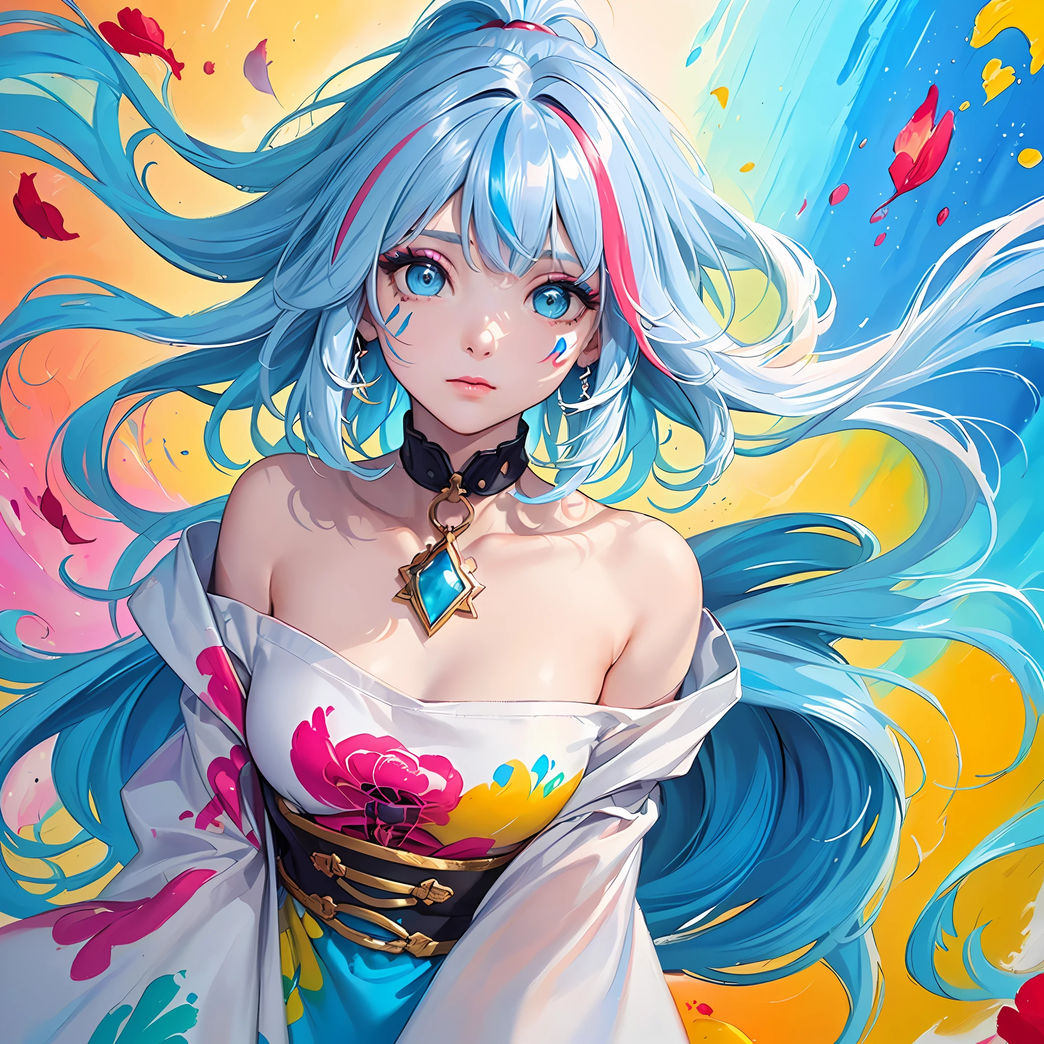 (Pink Fashion T-shirt:1.9),(Colorful hair: 1.8), (all the colours of the rainbow: 1.8),(((((vertical painting:1.6))), (painting:1.6),front, comics, illustrations, paintings, large eyes, crystal clear eyes,( rainbow color gradient high ponytail:1.7), exquisite makeup, closed mouth,(Small Fresh: 1.5),(Wipe Chest: 1.6) ,long eyelashes, white off shoulder T-shirt, White Shoulder Shirt,looking at the audience, large watery eyes, (rainbow colored hair:1.6), color splash, (solo:1.8), color splash, color explosion, thick paint style, messy lines, ((shining)),(colorful), (colorful), (colorful), colorful, Thick Paint Style, (Splash) (Color Splash), Vertical Painting, Upper Body, Paint Splash, Acrylic Pigment, Gradient, Paint, Highest Image Quality, Highest Quality, Masterpiece, Solo, Depth of Field, Face Paint, colorful clothes, (Elegant: 1.2), gorgeous,long hair, wind, (Elegant: 1.3), (Petals: 1.4),(((masterpiece))),(((best quality))),((ultra-detailed)),(illustration),(dynamic angle),((floating)),(paint),((disheveled hair)),(solo),(1girl) , (((detailed anima face))),((beautiful detailed face)),collar,bare shoulders,white hair, ((colorful hair)),((streaked hair)),beautiful detailed eyes,(Gradient color eyes),(((colorful eyes))),(((colorful background))),(((high saturation))),(((surrounded by colorful splashes))),