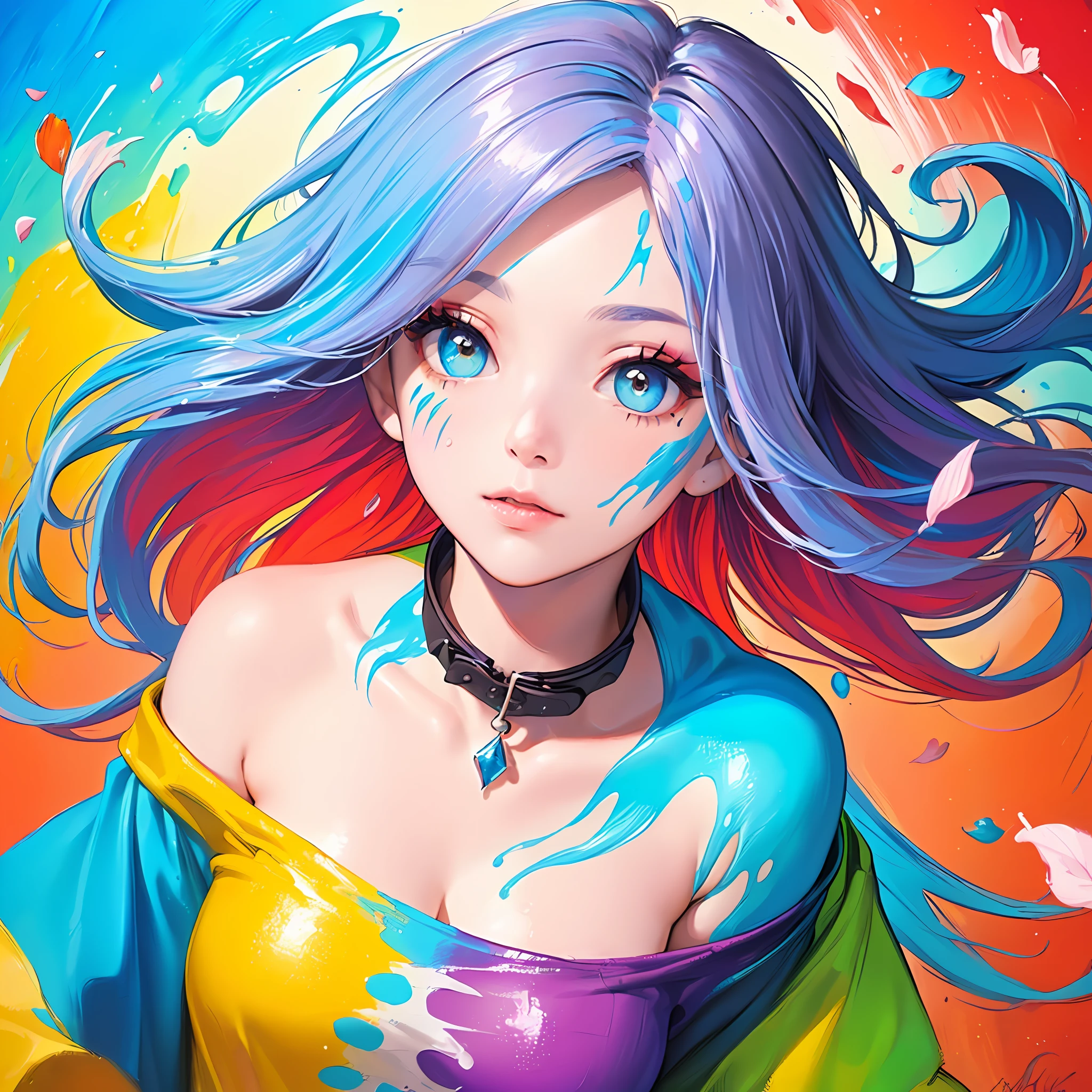 (Pink Fashion T-shirt:1.9),(Colorful hair: 1.8), (all the colours of the rainbow: 1.8),(((((vertical painting:1.6))), (painting:1.6),front, comics, illustrations, paintings, large eyes, crystal clear eyes,( rainbow color gradient high ponytail:1.7), exquisite makeup, closed mouth,(Small Fresh: 1.5),(Wipe Chest: 1.6) ,long eyelashes, white off shoulder T-shirt, White Shoulder Shirt,looking at the audience, large watery eyes, (rainbow colored hair:1.6), color splash, (solo:1.8), color splash, color explosion, thick paint style, messy lines, ((shining)),(colorful), (colorful), (colorful), colorful, Thick Paint Style, (Splash) (Color Splash), Vertical Painting, Upper Body, Paint Splash, Acrylic Pigment, Gradient, Paint, Highest Image Quality, Highest Quality, Masterpiece, Solo, Depth of Field, Face Paint, colorful clothes, (Elegant: 1.2), gorgeous,long hair, wind, (Elegant: 1.3), (Petals: 1.4),(((masterpiece))),(((best quality))),((ultra-detailed)),(illustration),(dynamic angle),((floating)),(paint),((disheveled hair)),(solo),(1girl) , (((detailed anima face))),((beautiful detailed face)),collar,bare shoulders,white hair, ((colorful hair)),((streaked hair)),beautiful detailed eyes,(Gradient color eyes),(((colorful eyes))),(((colorful background))),(((high saturation))),(((surrounded by colorful splashes))),