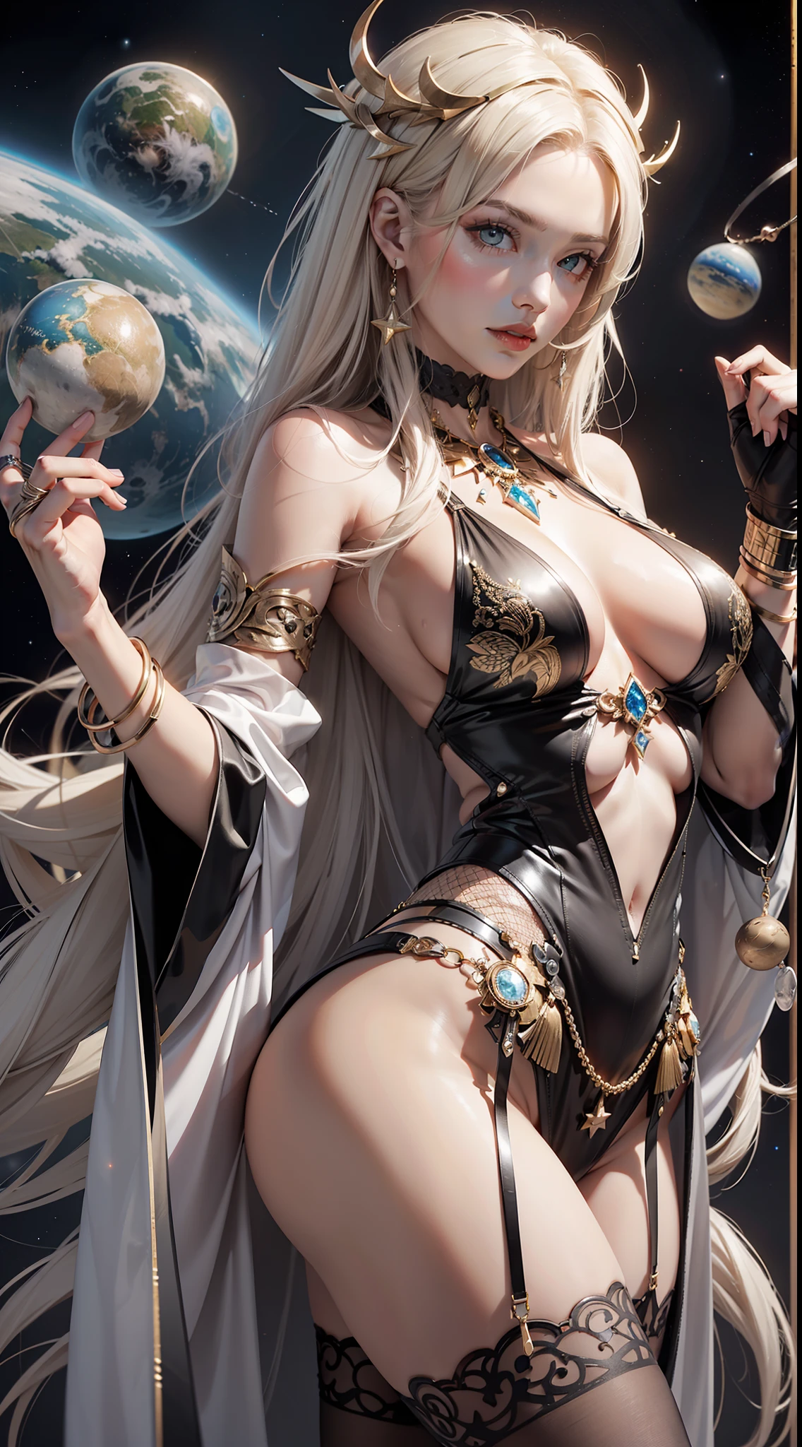 (Very detailed 8K wallpapers), medium plan ,goddess, pale skin, large bright yellow eyes, very long white hair, ??????????, transparent clothes, large ??????, nice ???,sharp features, pronounced cheekbones, perfect figure, shiny skin, star robe decorated with a pattern of runes and planets, finger rings, criminal necklace around the neck, black stockings, choker, open space, planets and stars in the background, attention to detail, high detail, many details, intricated, higly detailed, dramatic
