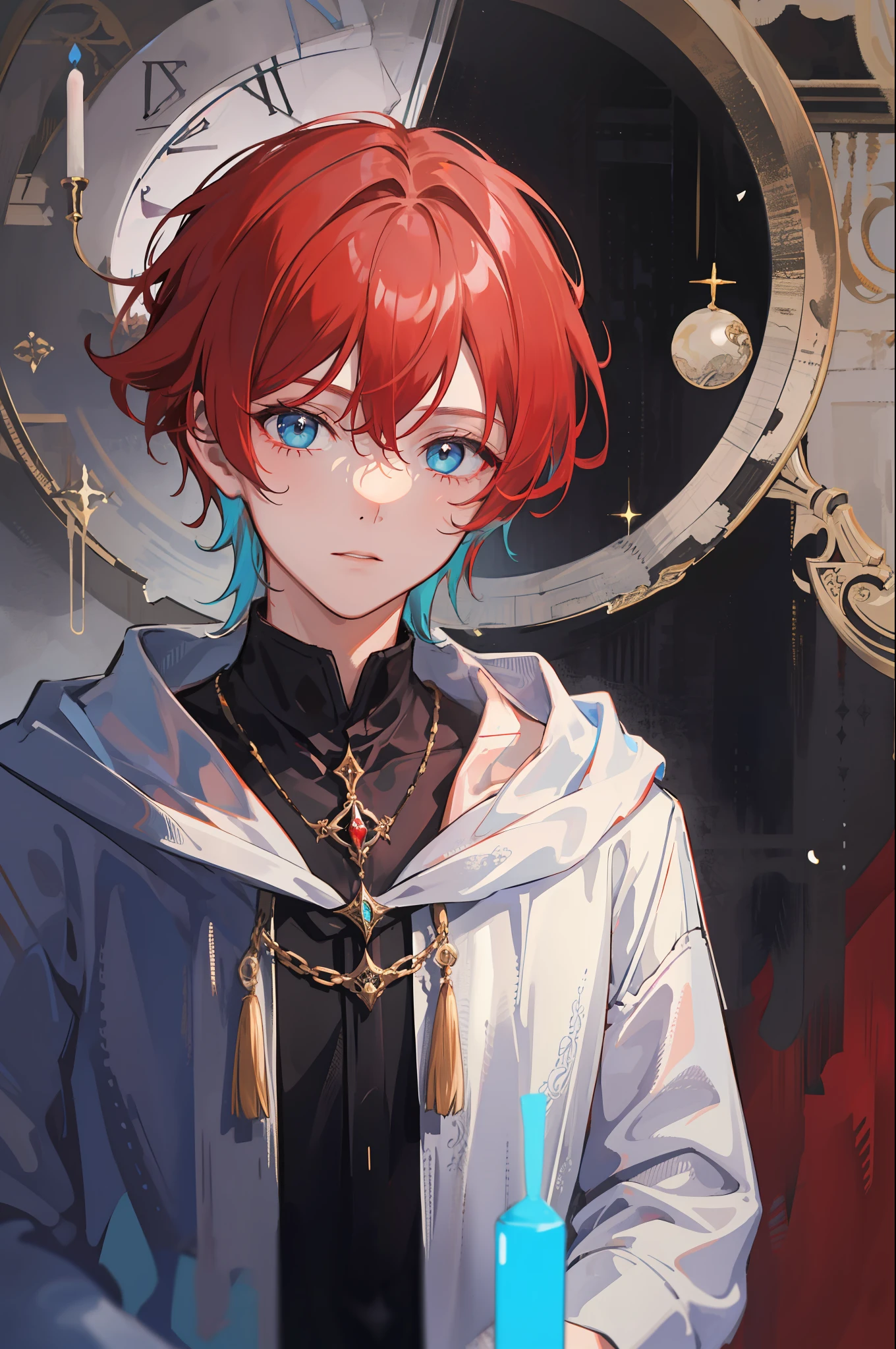 a masterpiece of, 1boy, red hair, combed hair back, pale skin, Cyan eyes, melancholic, goods maga, Dark Robe, Middle Ages, Simple background, sorcerer, The Dark Mage,