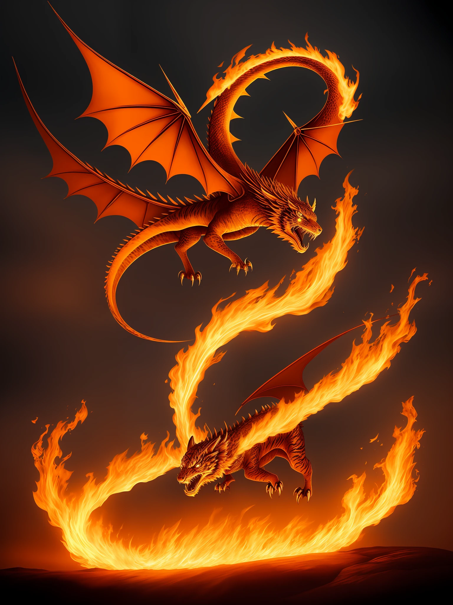 A flying dragon with eyes of fire flames and tiger claws