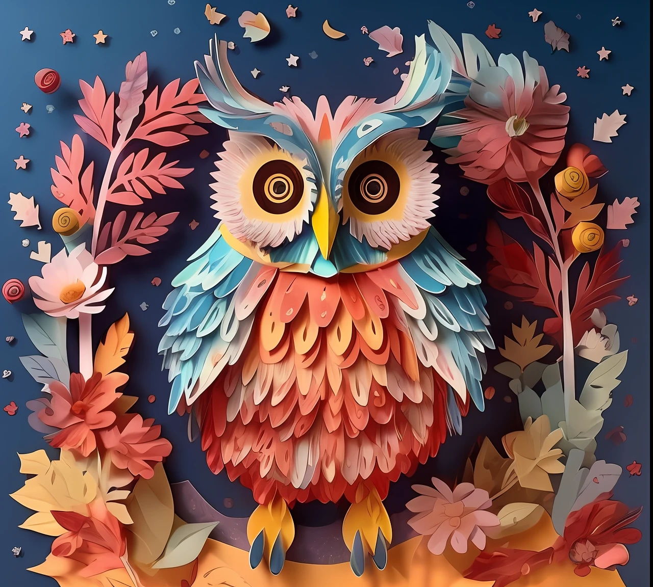 coruja cortada de papel colorido sentada em um galho cercado de flores, arte em papel, arte em papel em camadas, arte de modelagem de papel, feito de papel, arte de corte de papel, feito de papel, arte de colagem de papel, altamente intrincado e colorido, acolchoamento de papel, arte detalhada bonito, Directed by: Nikita Veprikov, muito detalhado e colorido, Directed by: Zofia Stryjenska