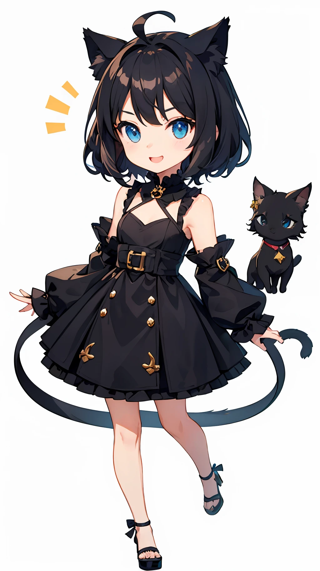 ((beste-Qualit))、((a masterpiece of))、((ultra-definition))、(illustratio)、(Fine light)、(Extremely delicate and beautiful)、(((独奏)))、1 girl in、(((beautiful a girl)))、opened mouth、Tremendous smile、(Black-haired), (Black cat ears), (Ahoge), (absurdly short hair), (Maeby Hair), (Blue eyes),Fashionable background、piece sign、mideum breasts、Chibi Chara、Mini、fullllbody、